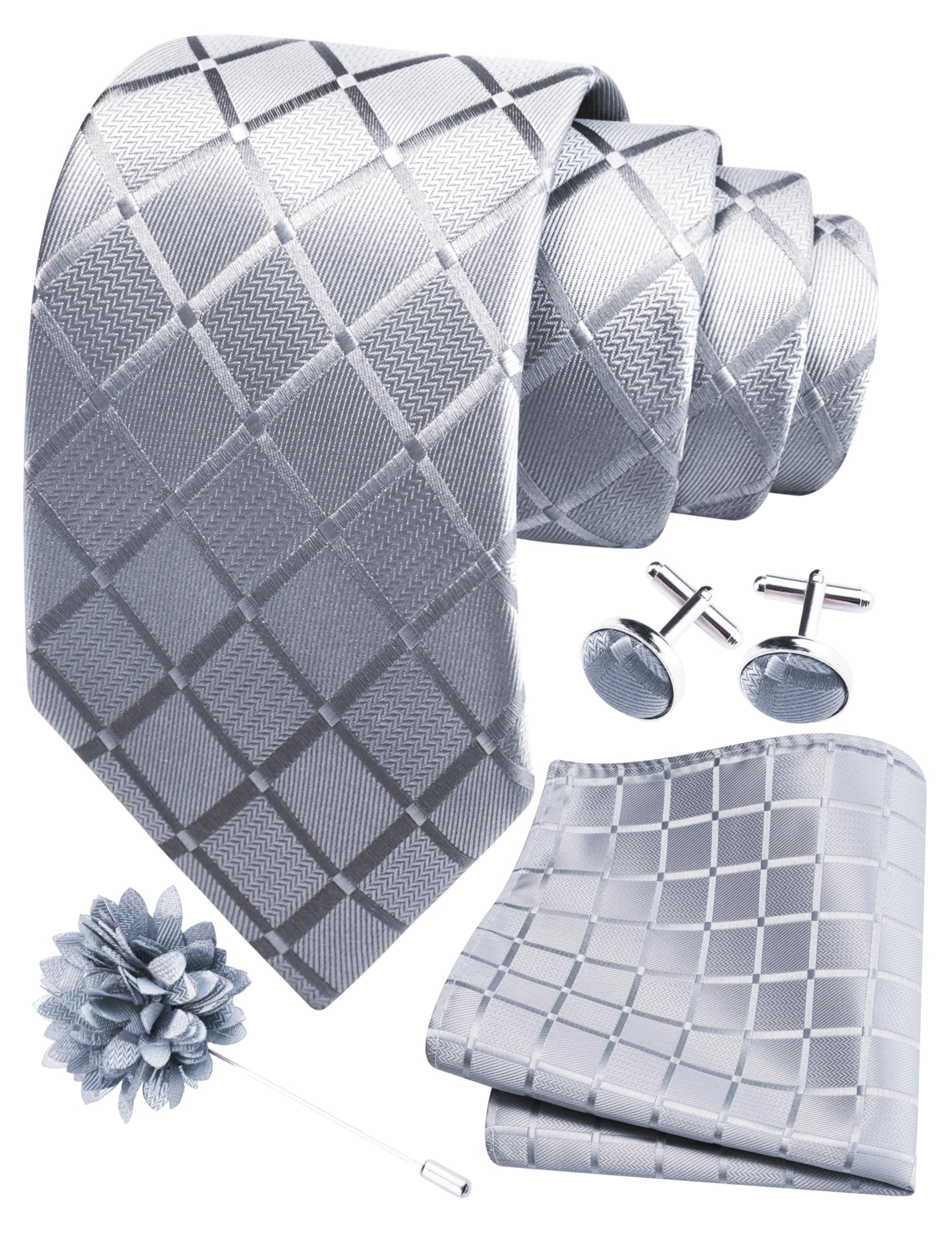 GUSLESON Mens Plaid Wedding Necktie - Light Grey