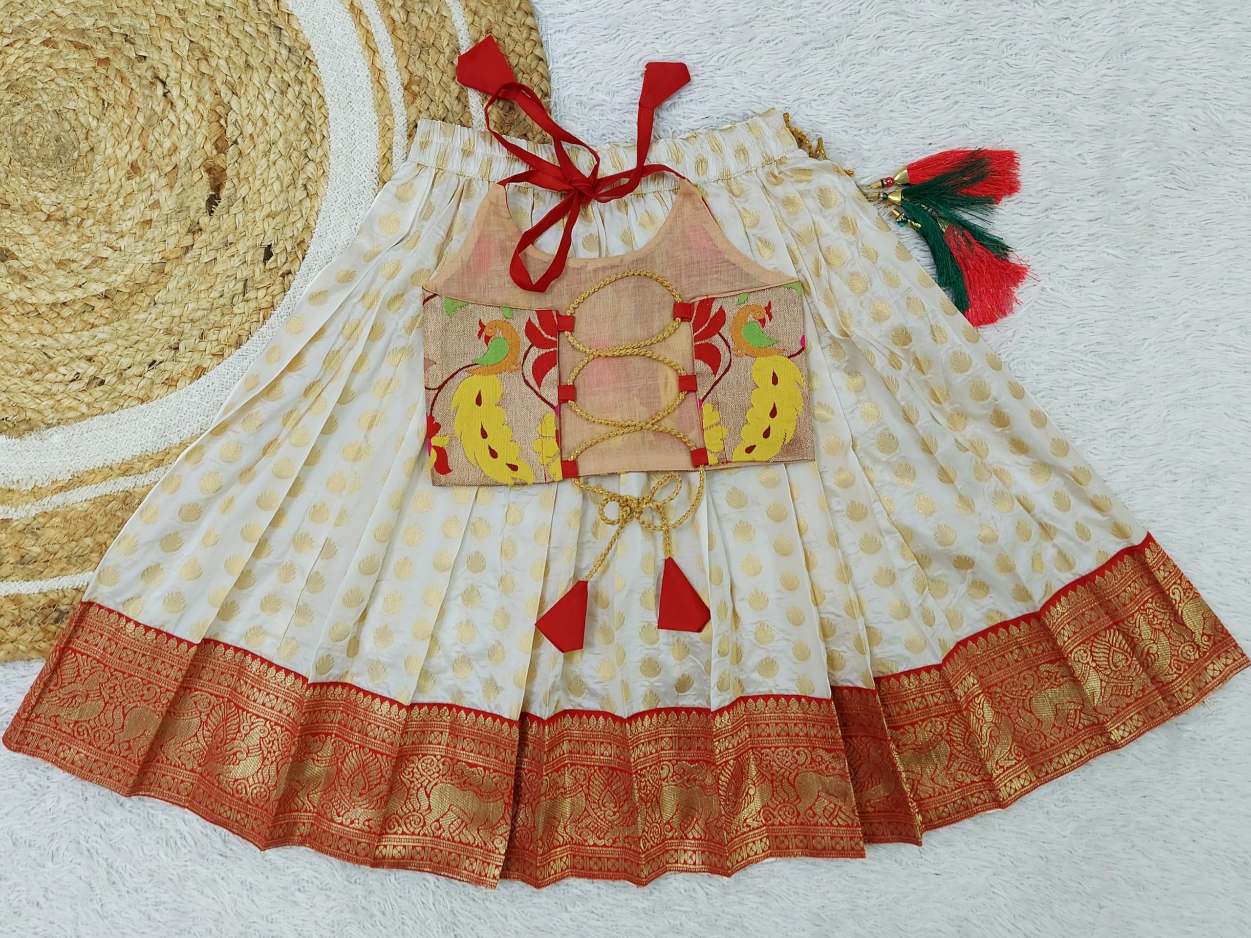 COMRATE Girl Jacquard Pattu Pavadai Red Lehenga Choli - Image 3