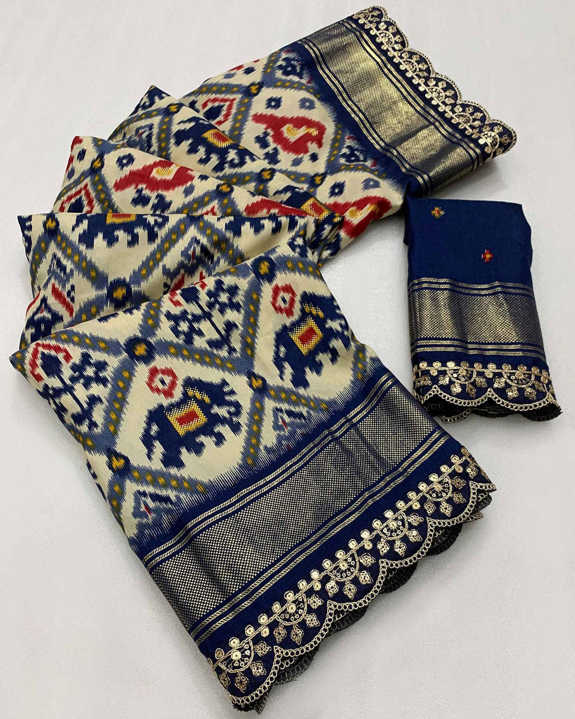 Peachmode Womens Ikkat Dola Silk Saree - Off White & Blue - Image 2