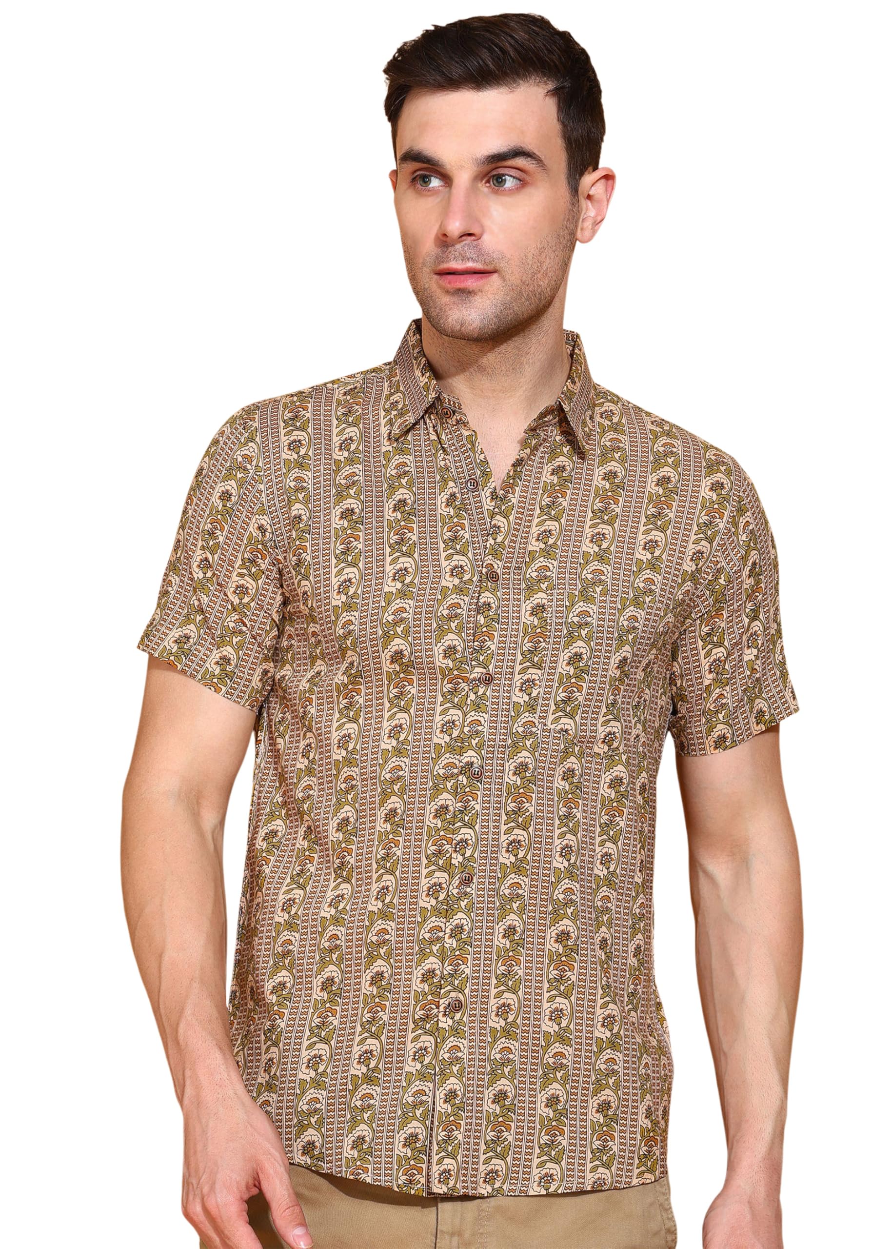 Yash Gallery Men's Green Cotton Floral Print Shirt