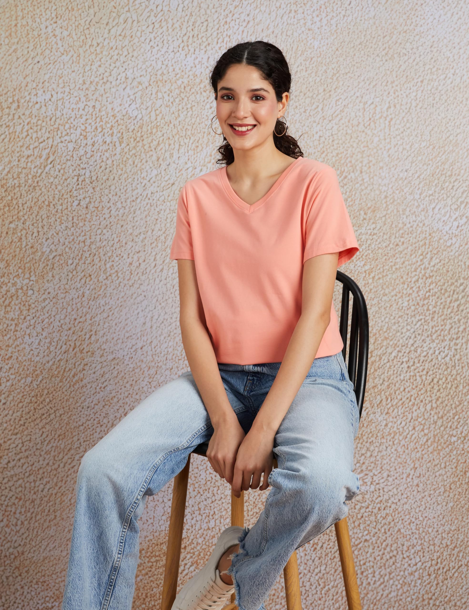 Cotton Stretch V Neck T-Shirts for Women - Coral Pink & Wine - Image 4