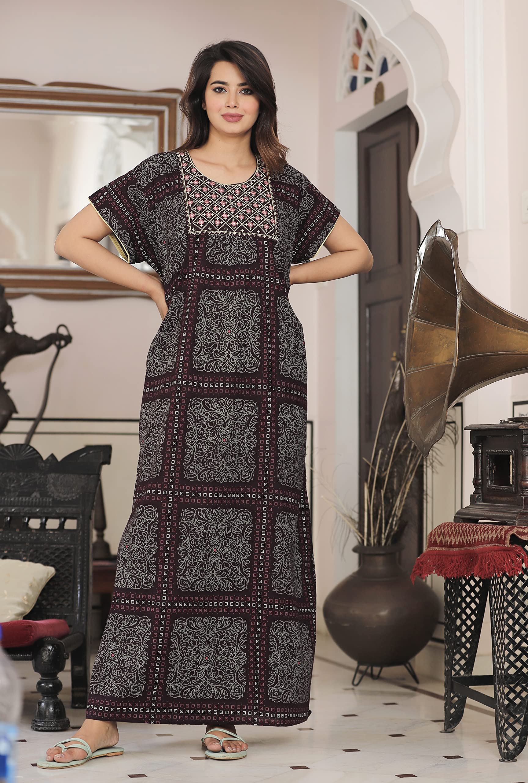 G4Girl Violet Cotton Embroidered Maxi Nighty for Women - Image 3