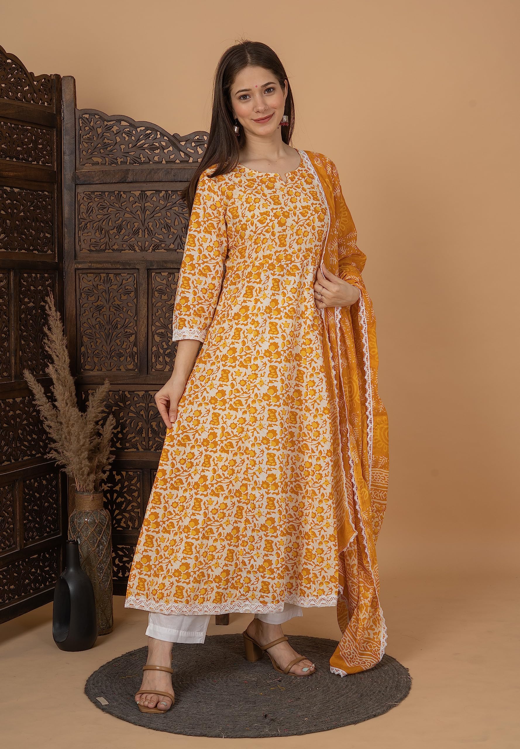 Yellow Cotton Anarkali Kurta Set for Women - Image 3