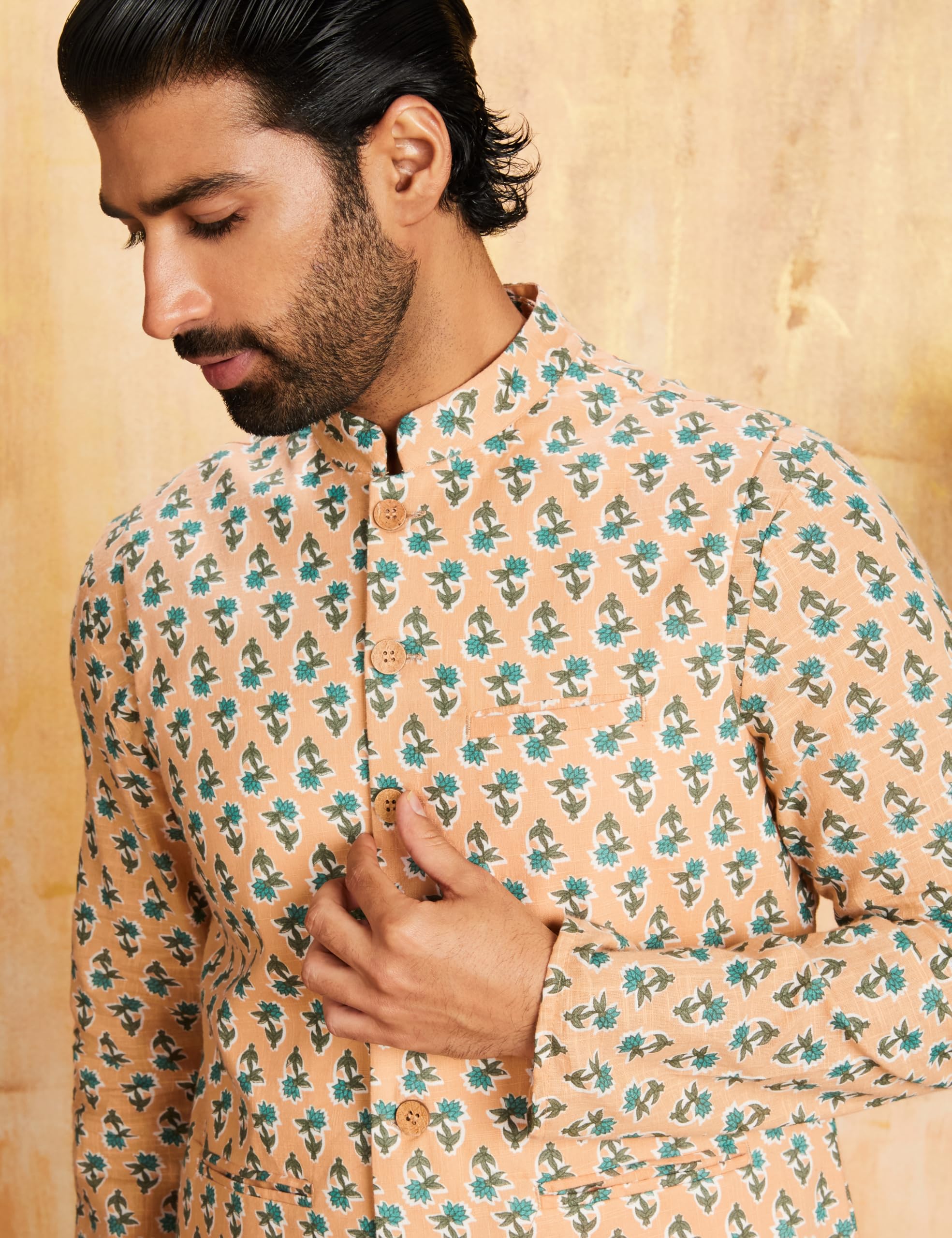 Amazon Men Kurta Bundi Pant Set Beige - Image 4