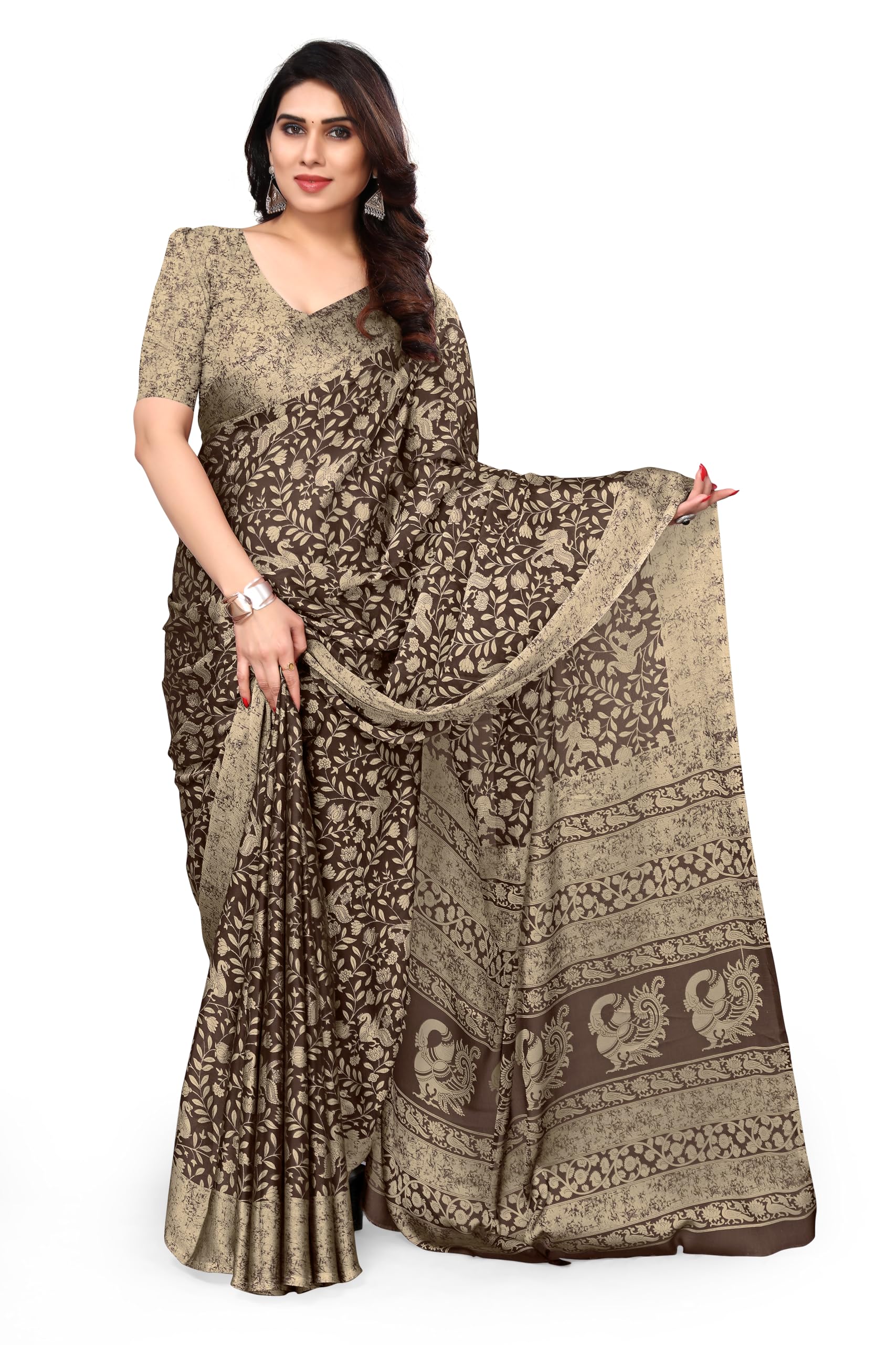 MIRCHI FASHION Chiffon Georgette Madhubani Printed Saree for Women - Brown - Image 5