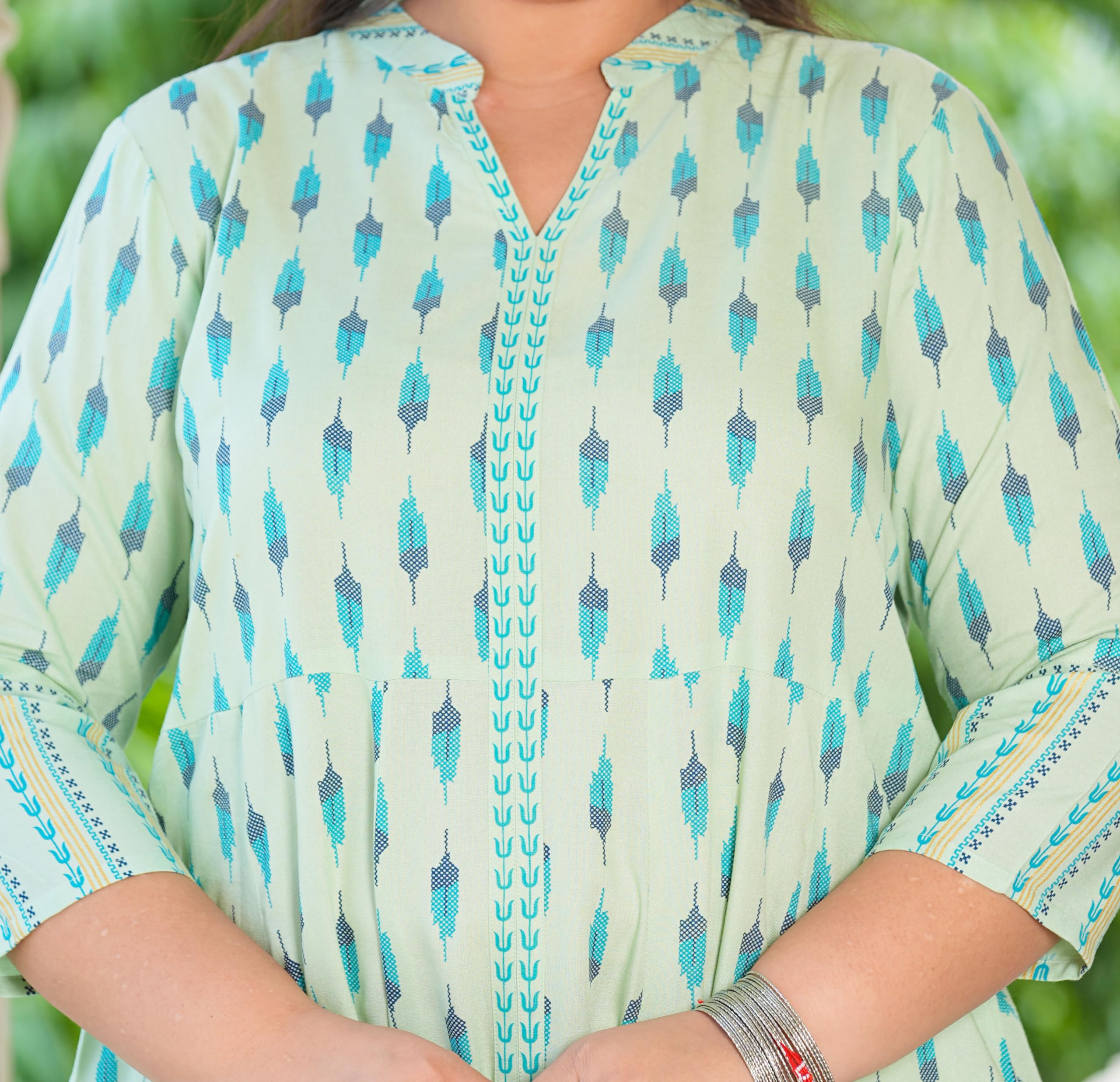 Yash Fashion Women's Rayon Ikat Printed Anarkali Kurta - Green - Image 5