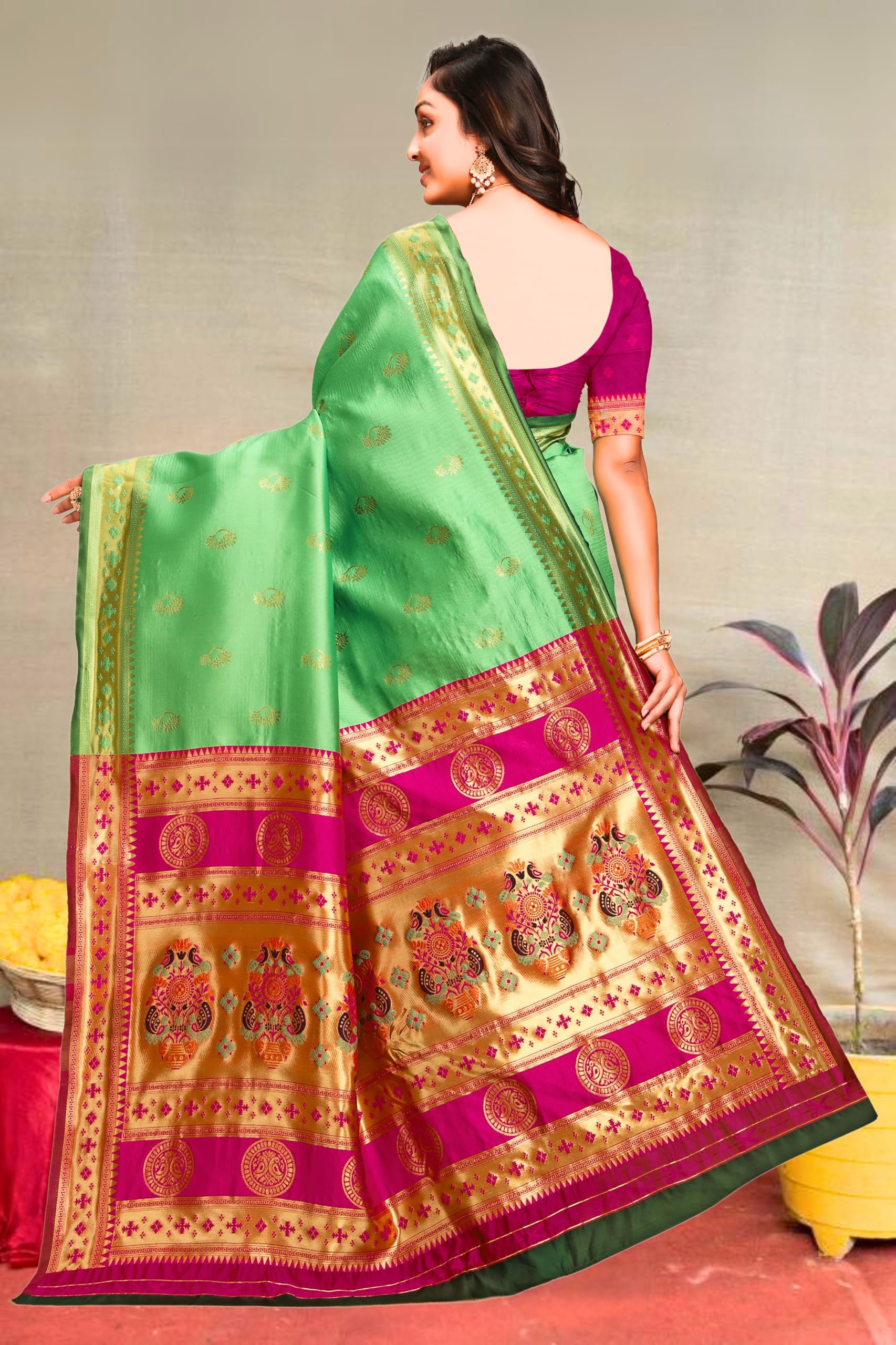 Pista-Pink Paithani Silk Saree with Zari Border - Image 2