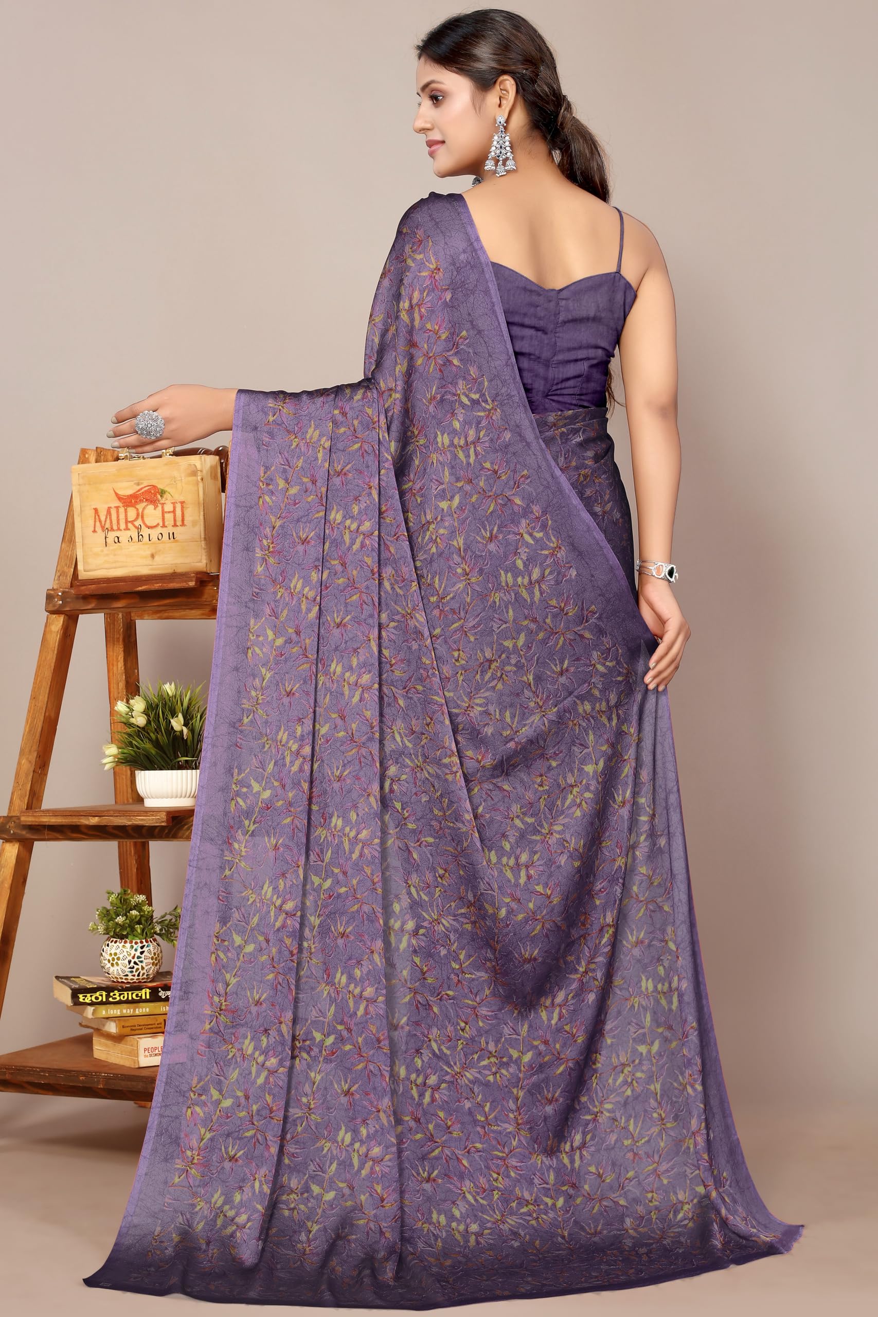 MIRCHI FASHION Chiffon Georgette Floral Saree for Women - Dark Lav - Image 4