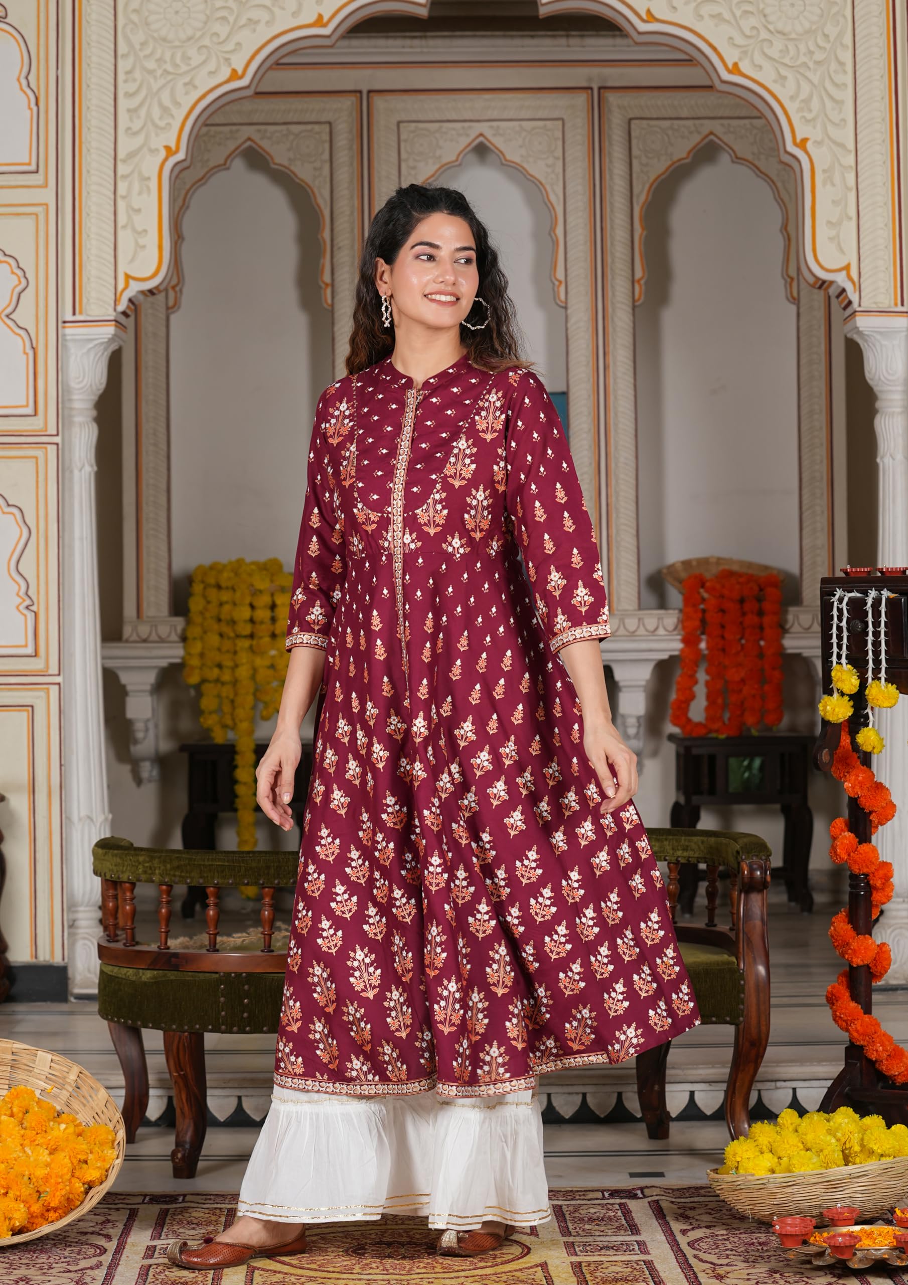 Yash Fashion Women's Rayon Floral Anarkali Kurta - Maroon - Image 2