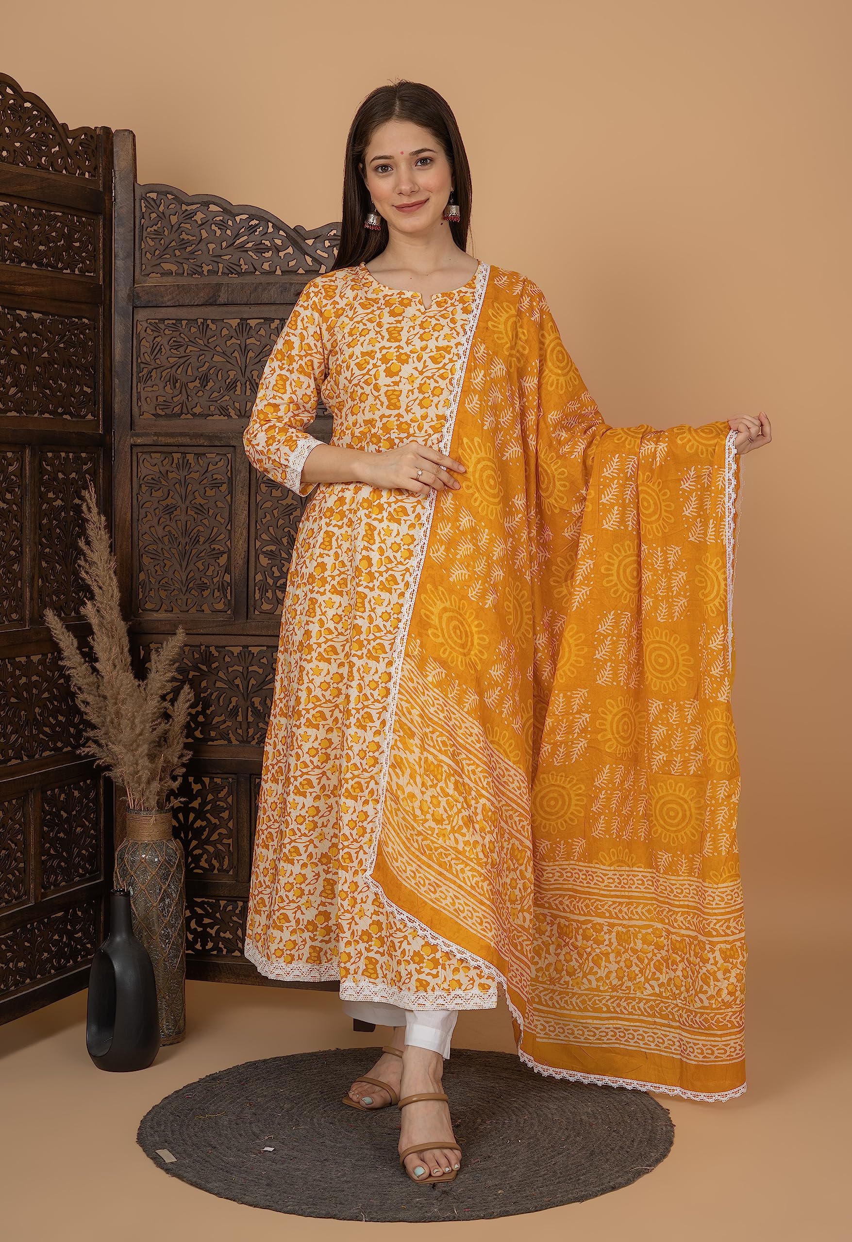 Yellow Cotton Anarkali Kurta Set for Women - Image 2