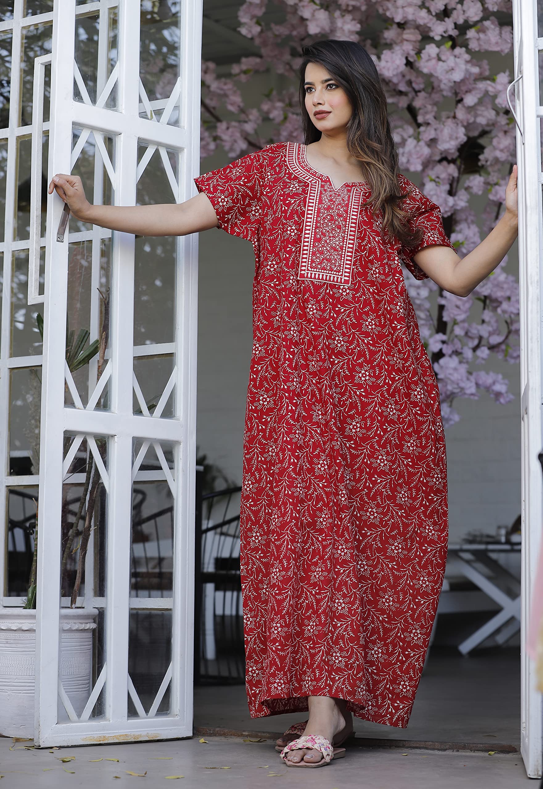 G4Girl Cotton Embroidery Nighty for Women - Red - Image 2