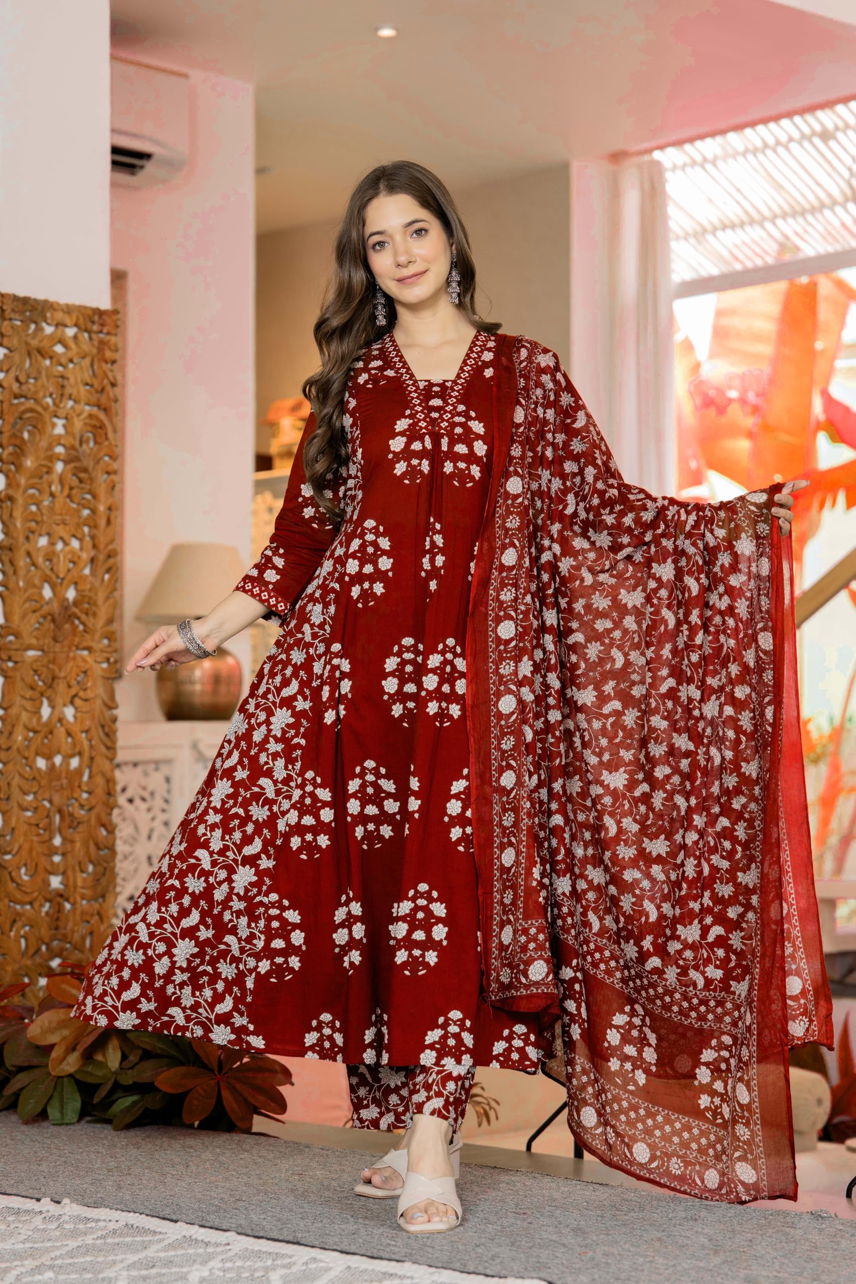 PARTHVI Red Cotton Kurta Set with Dupatta - Image 5