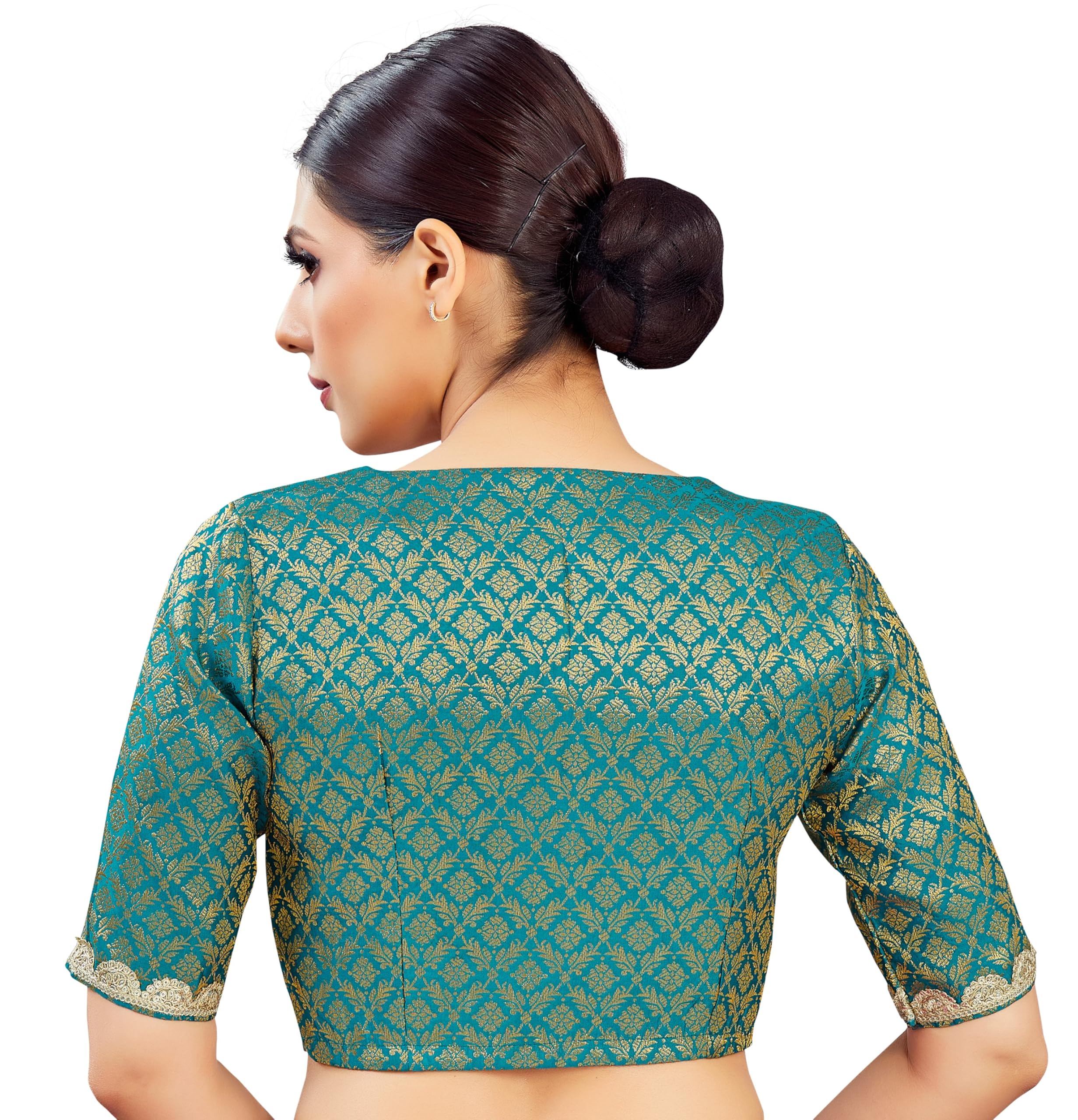 Studio Shringaar Firozi Brocade Embroidered Saree Blouse - Image 2