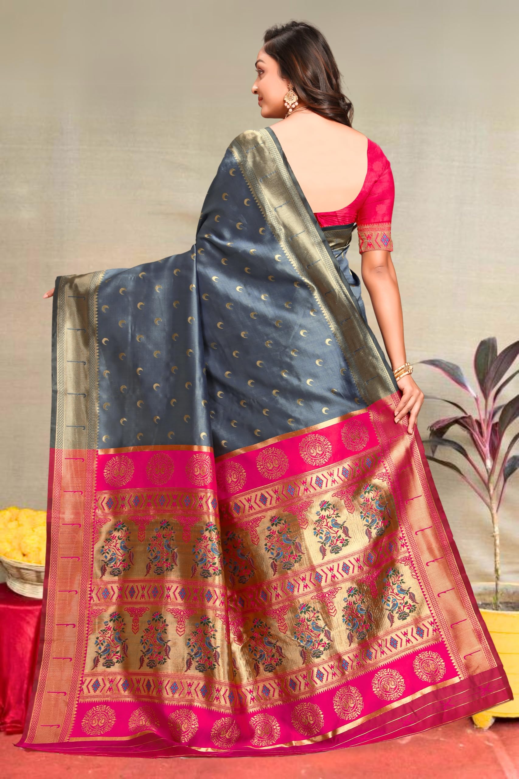 C J Enterprise Women's Banarasi Saree - Grey-Pink - Image 2