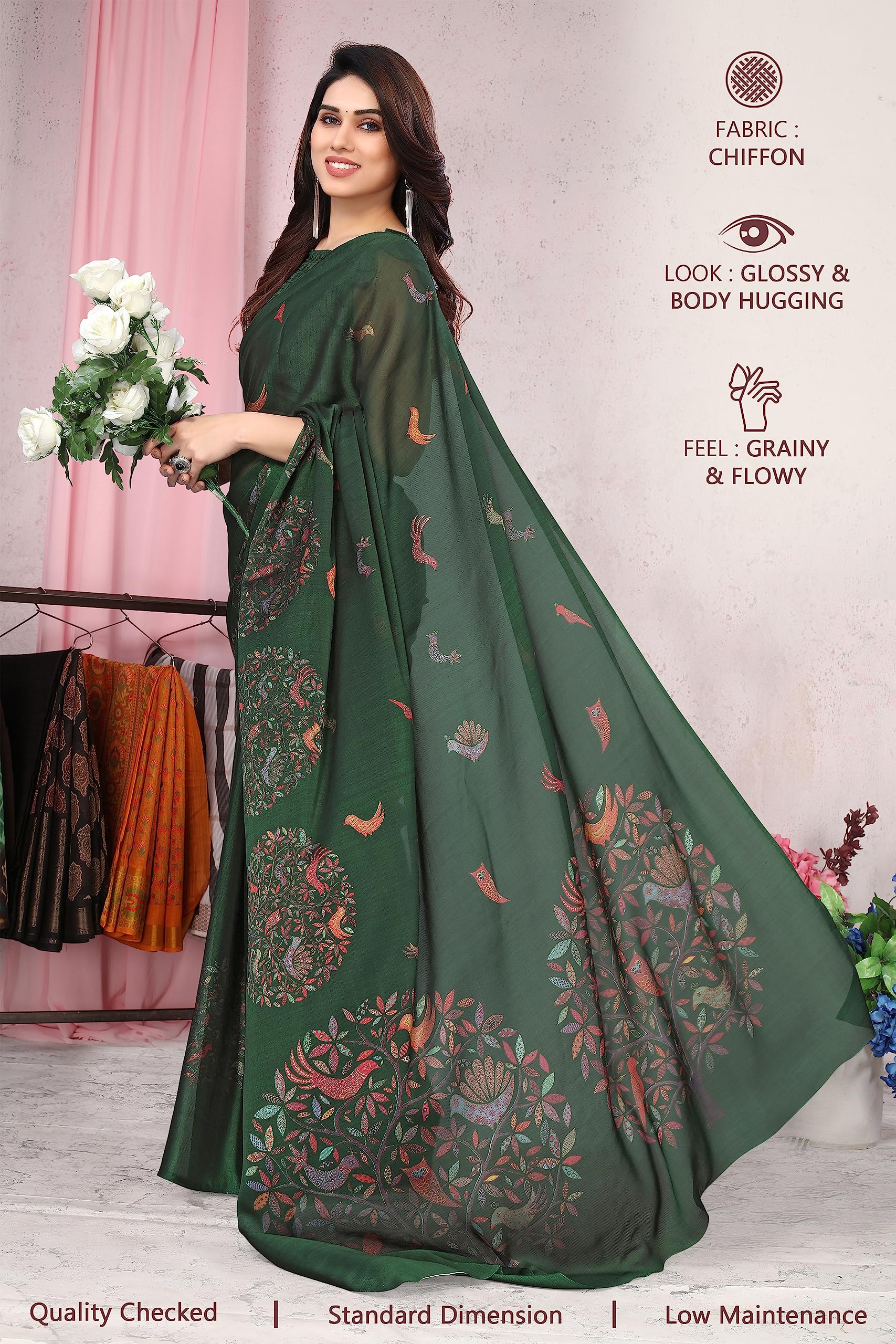 MIRCHI FASHION Green Madhubani Printed Chiffon Saree for Women - Image 2