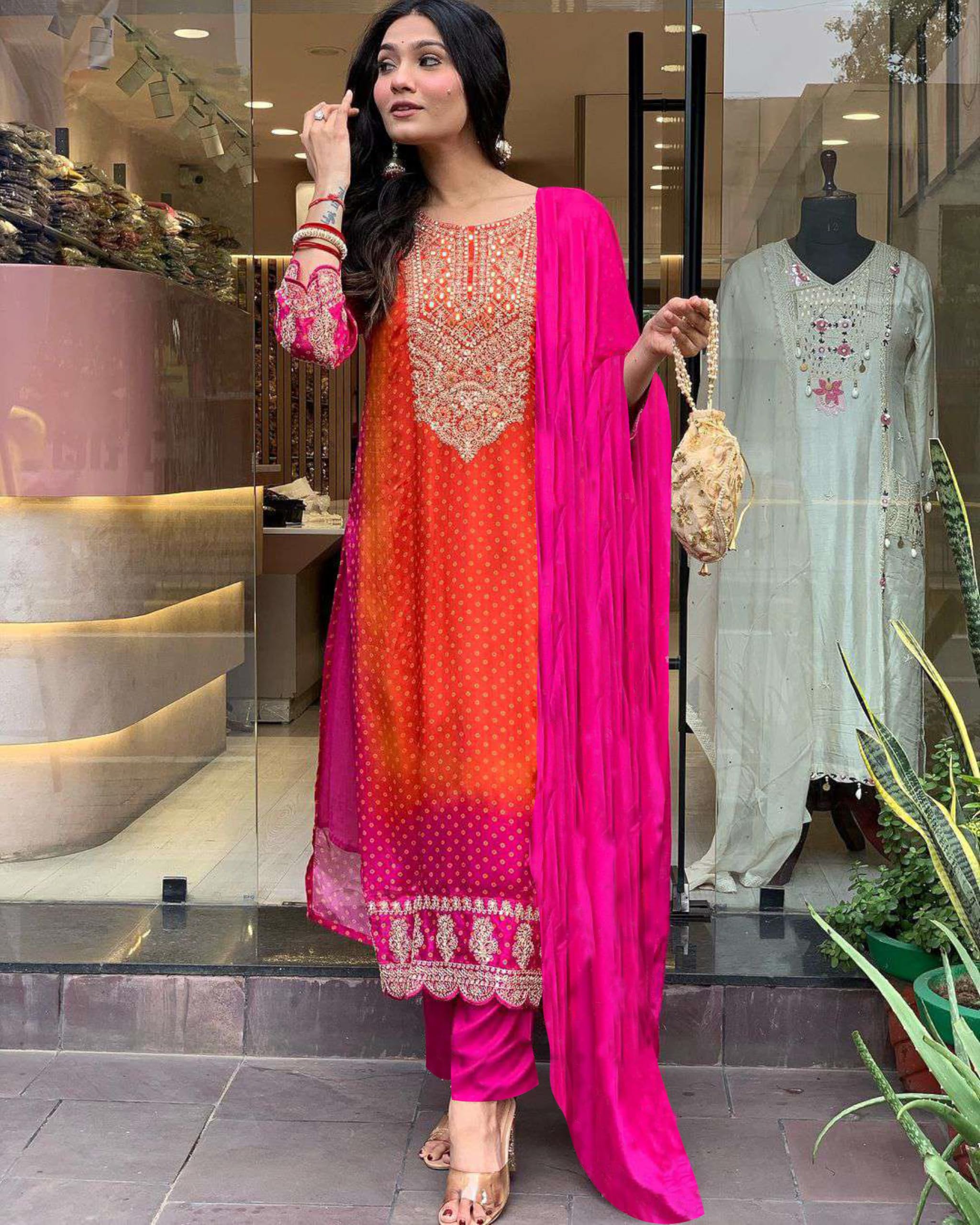 GoSriKi Women's Rayon Blend Kurta with Pant & Dupatta - Pink - Image 4