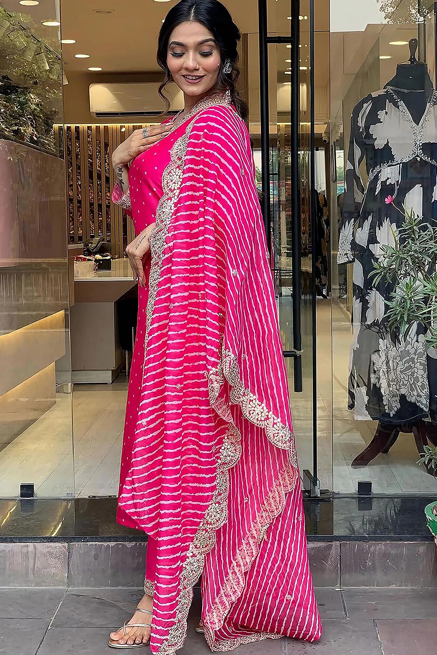 Rani Chinon Silk Kurta Pant Set with Dupatta - Bandhani - Image 3