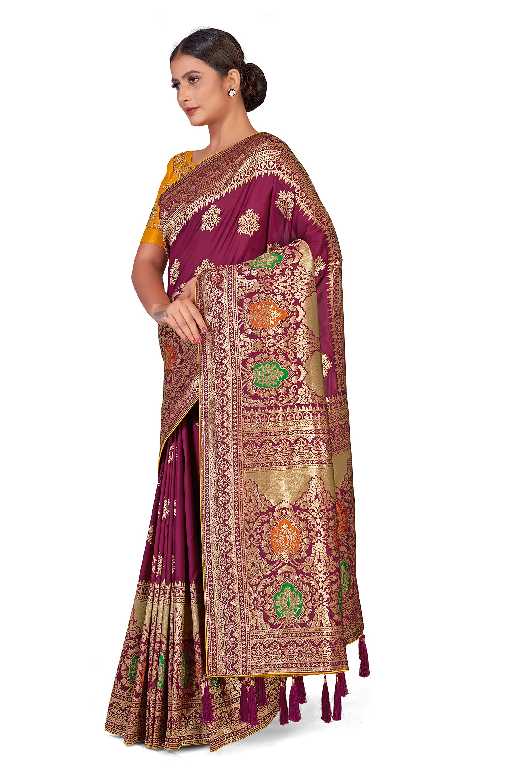 Monjolika Women's Woven Silk Saree - Magenta - Image 2