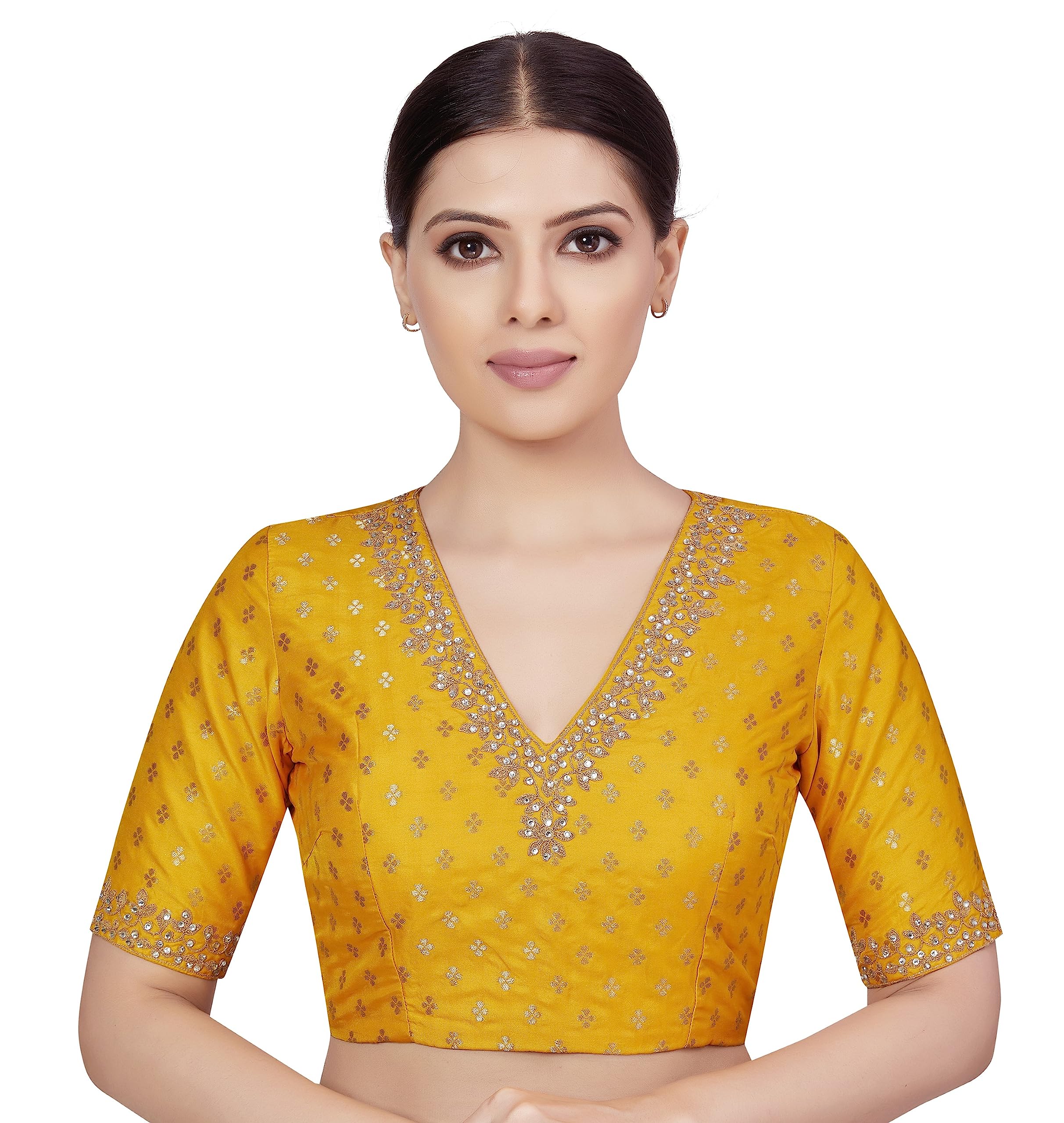 Studio Shringaar Women's Brocade Embroidered Saree Blouse - Yellow