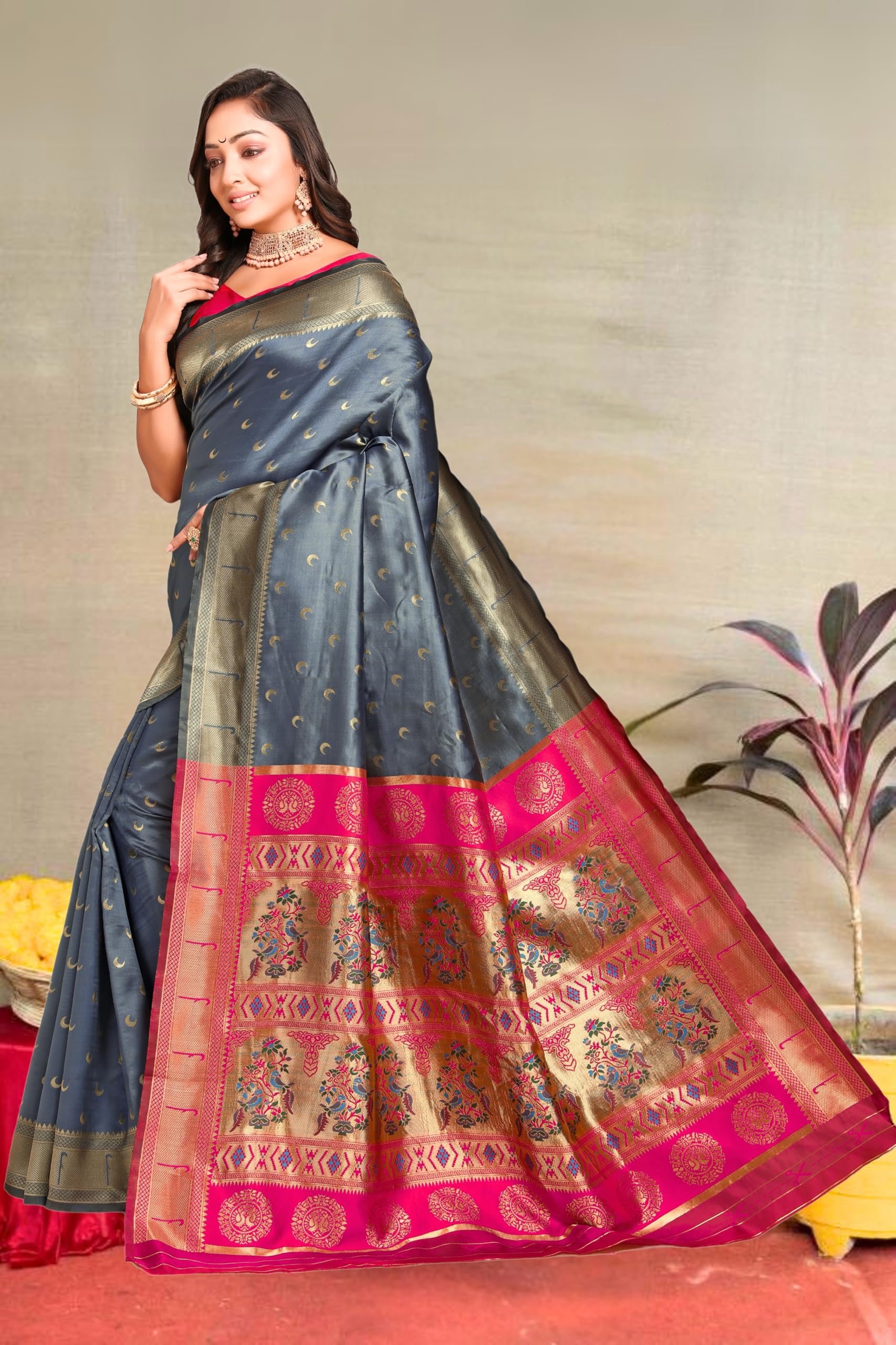 C J Enterprise Women's Banarasi Saree - Grey-Pink - Image 3