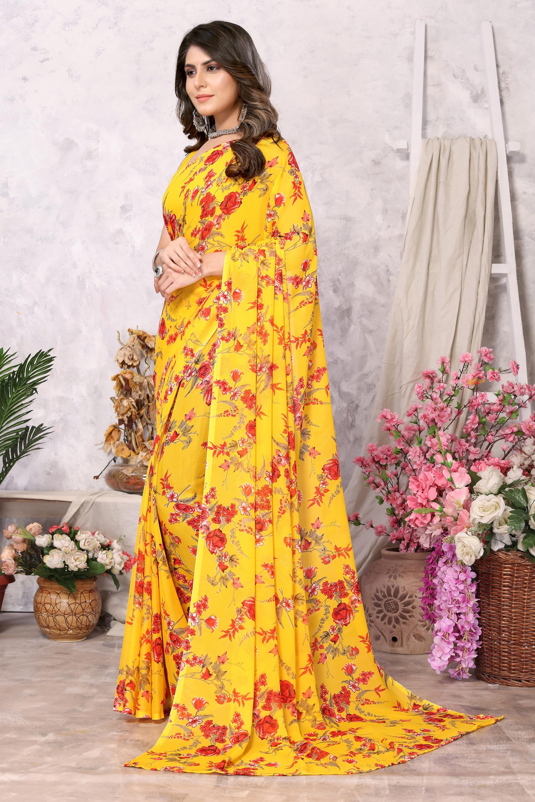 Yashika Women's Printed Georgette Saree - Yellow - Image 5