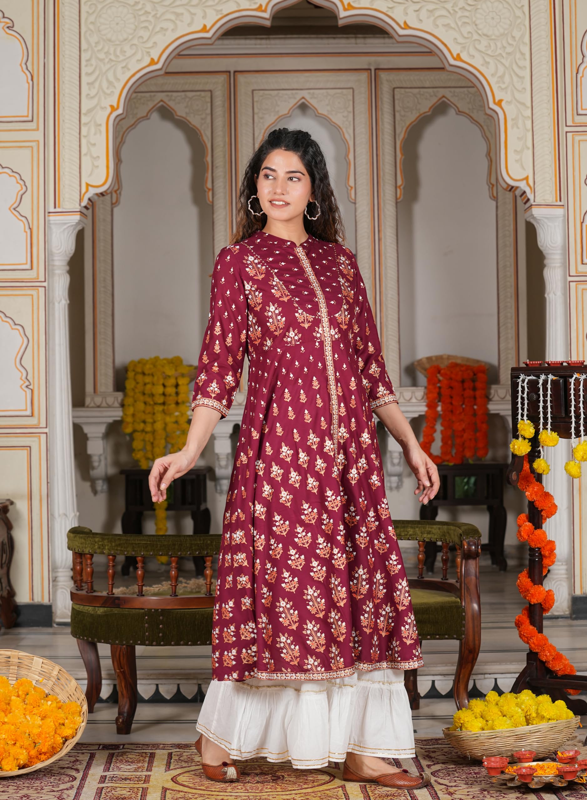 Yash Fashion Women's Rayon Floral Anarkali Kurta - Maroon - Image 3