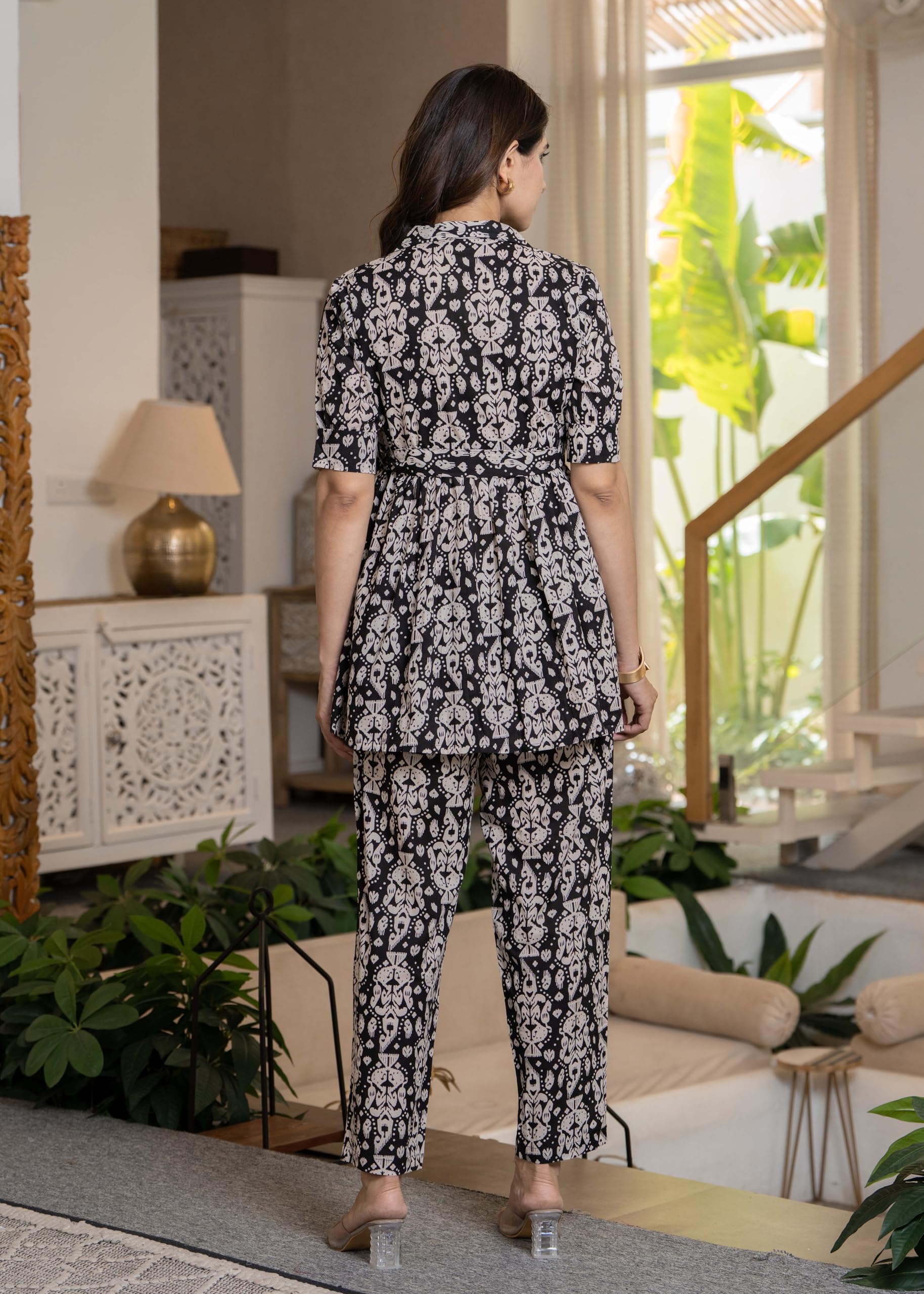 Pistaa Women Ikat Printed Co-ord Set - Black Cream - Image 5