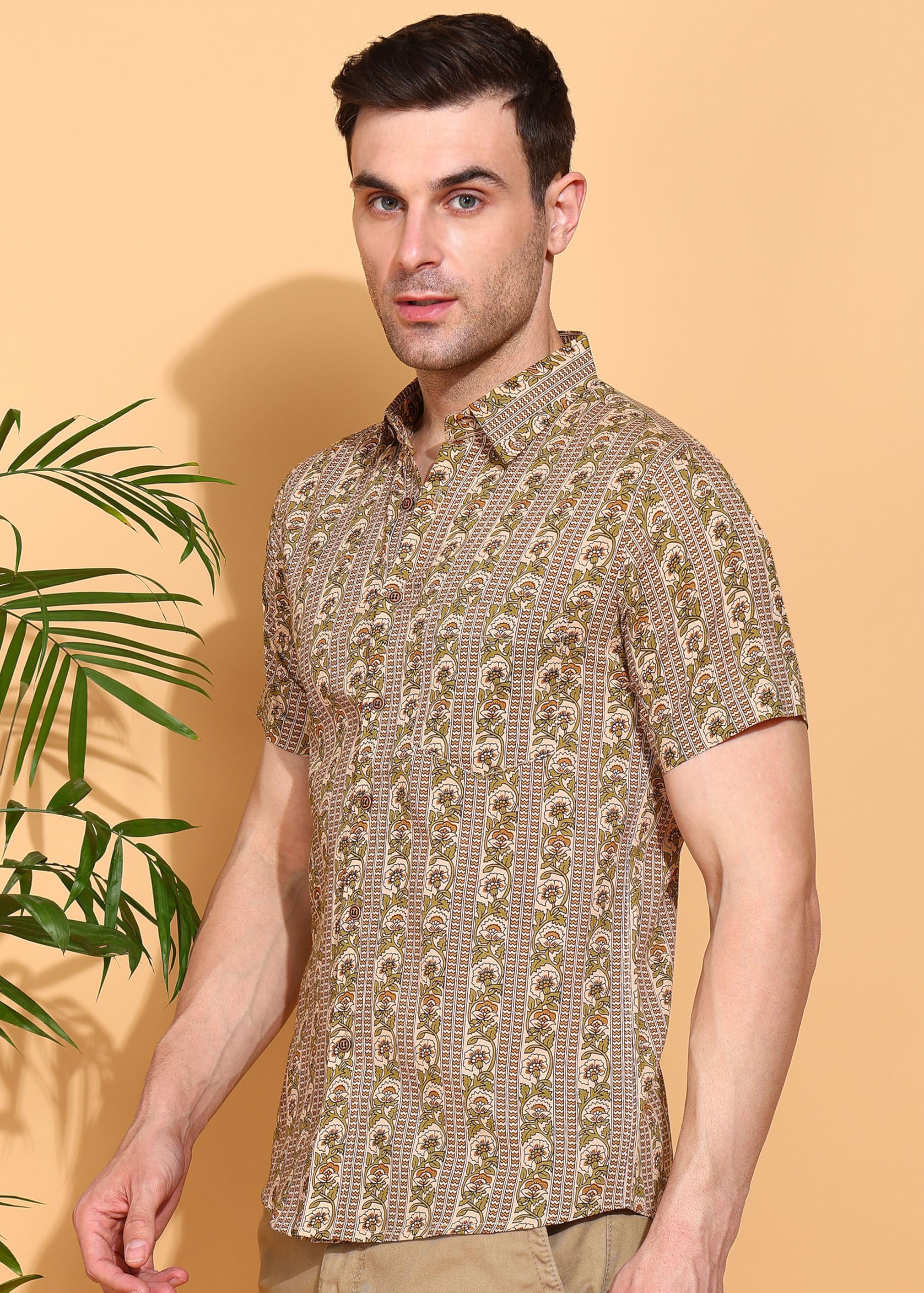 Yash Gallery Men's Green Cotton Floral Print Shirt - Image 2