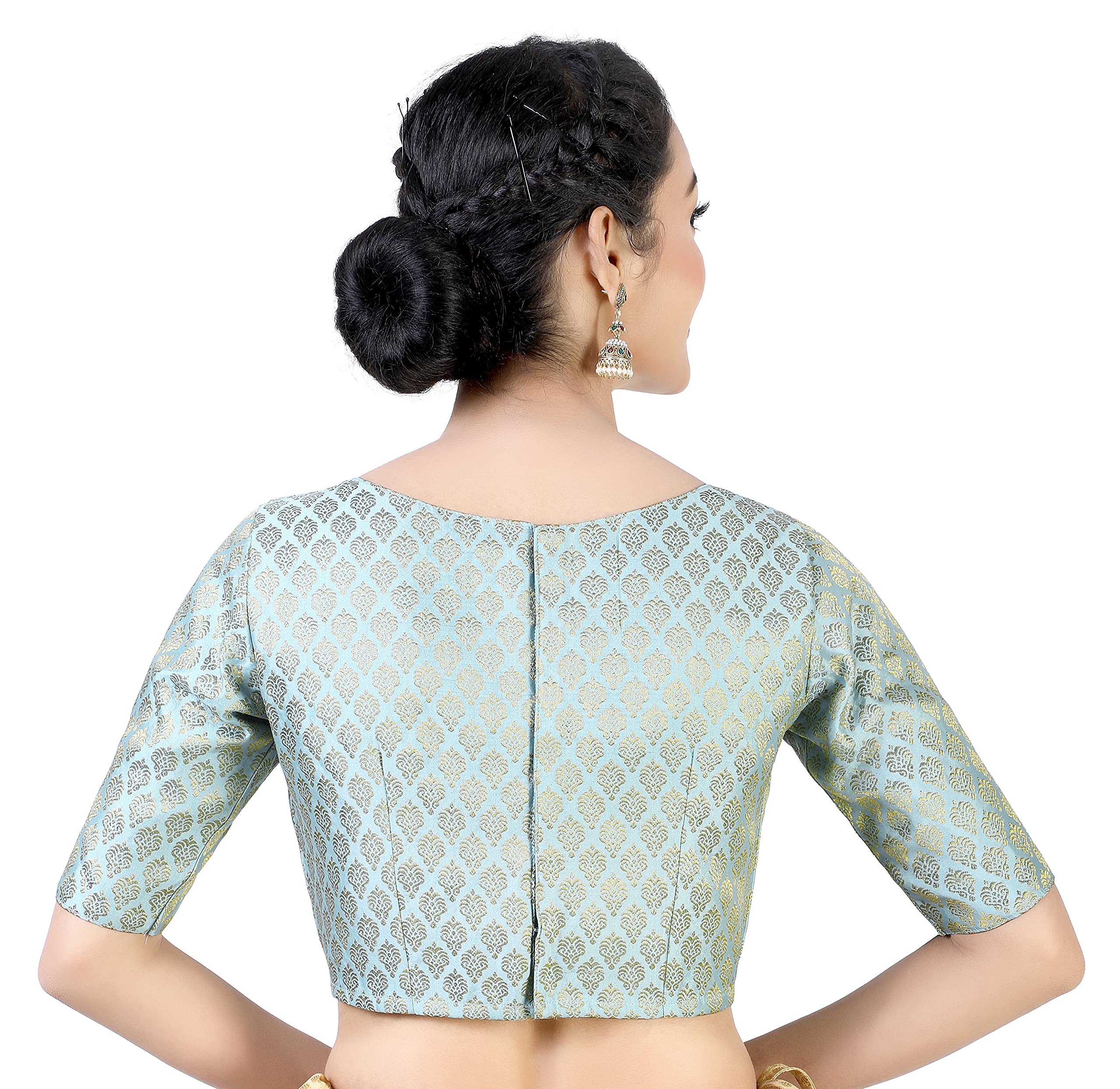 Studio Shringaar Women's Pastel Brocade Saree Blouse - Sky Blue - Image 4