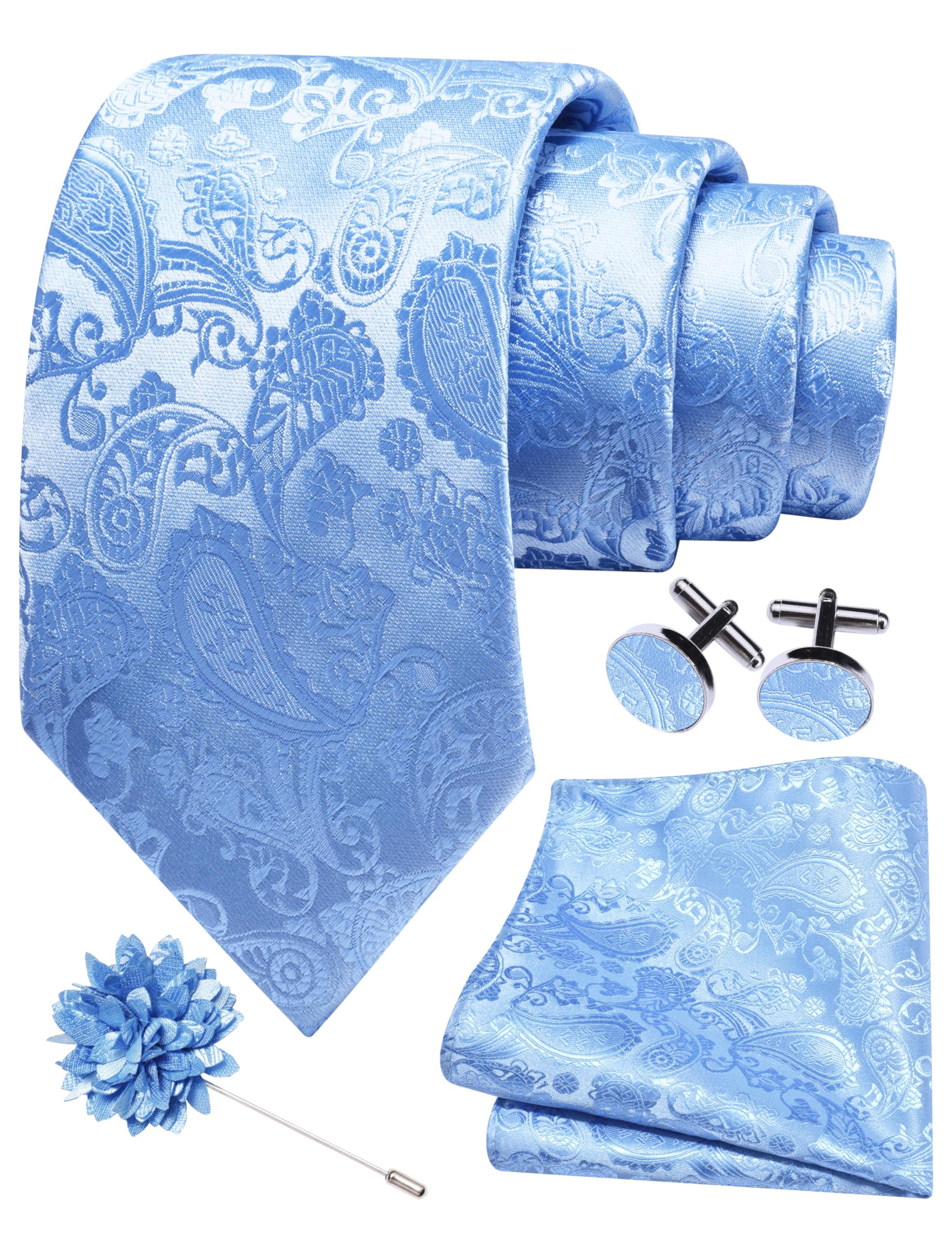 GUSLESON Men's Sky Blue Paisley Wedding Necktie Set