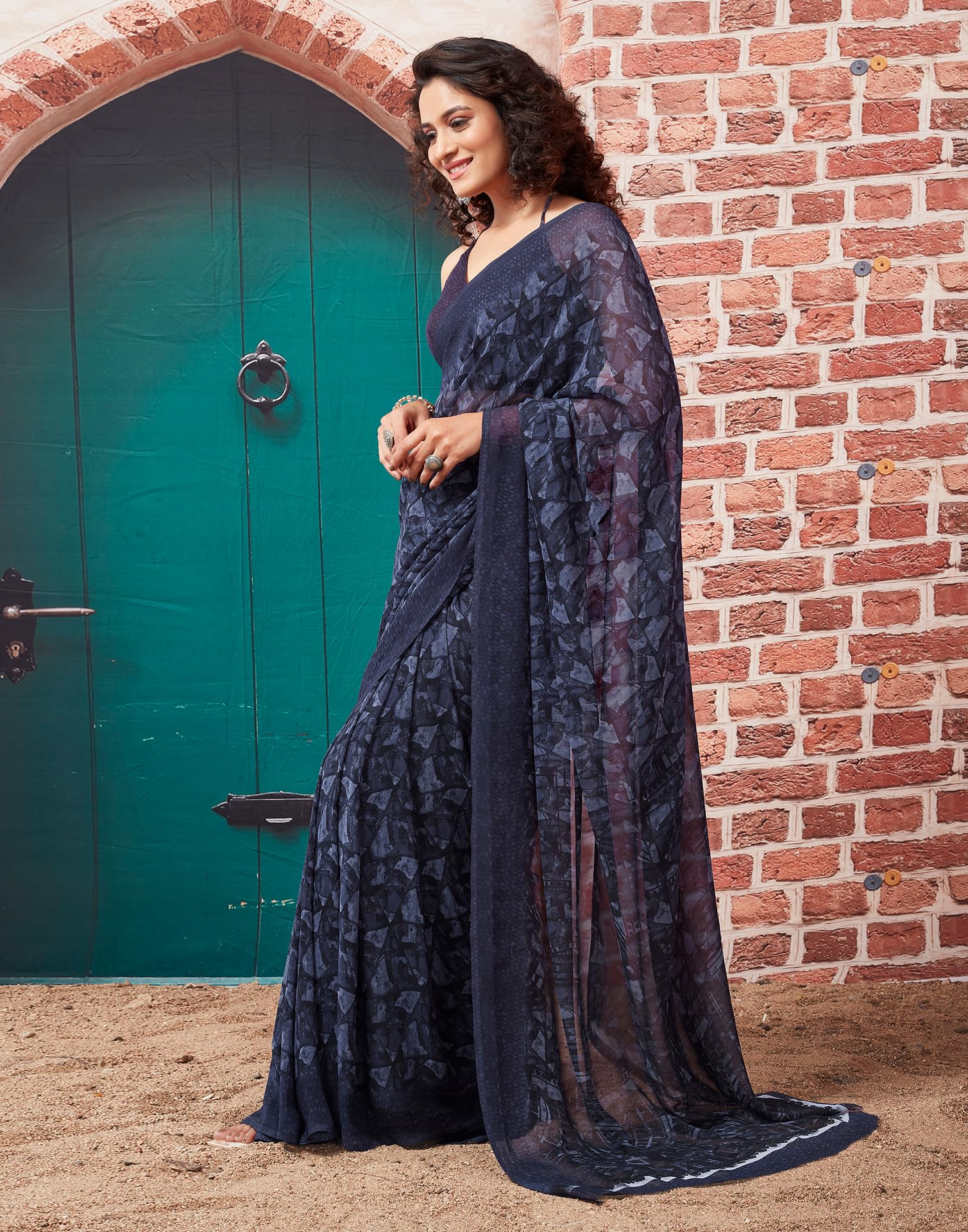 SIRIL Women's Georgette Geometric Printed Saree - Dark Blue - Image 2