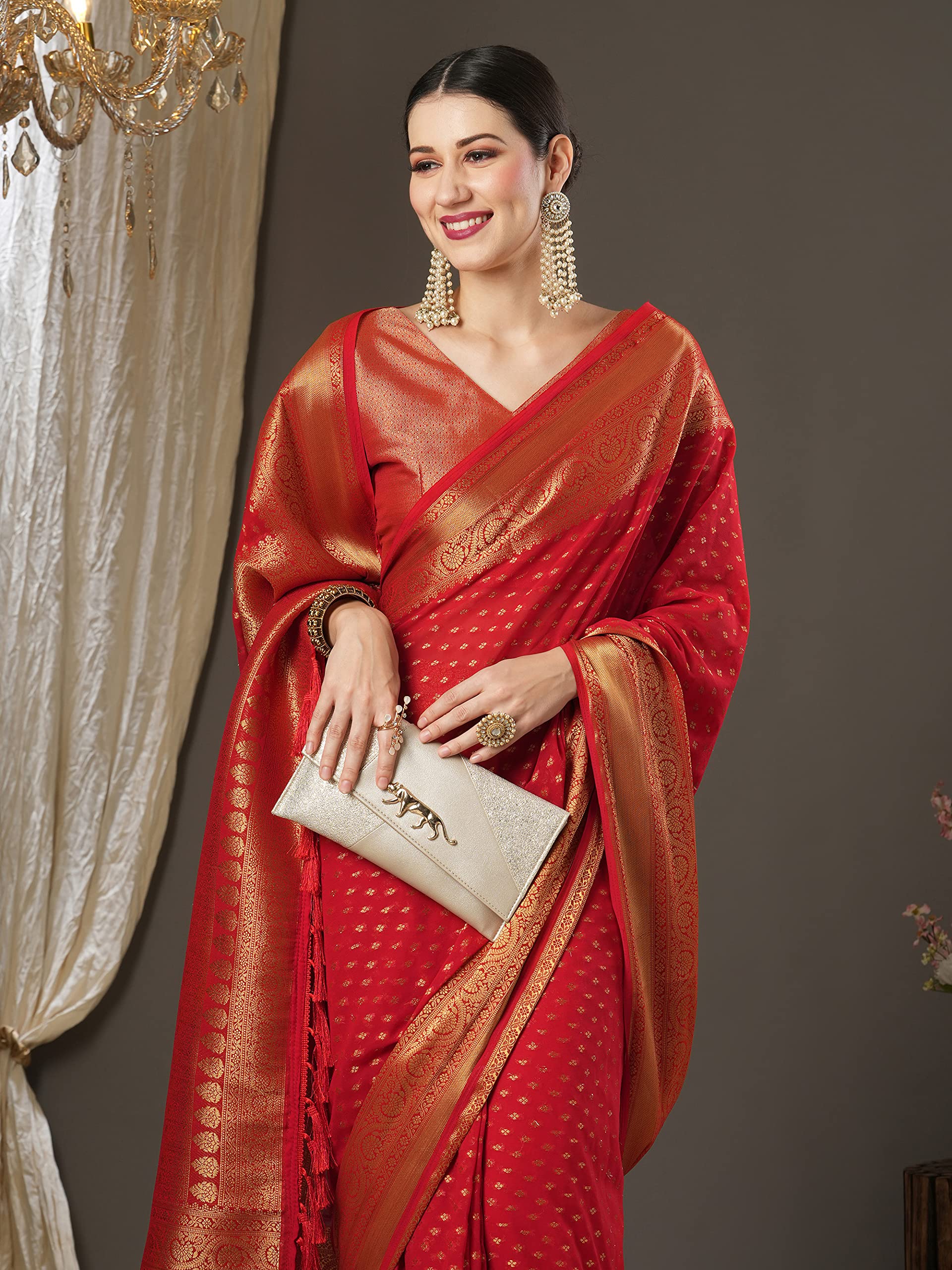 AKHILAM Kanjeevaram Georgette Saree - Red - Image 2