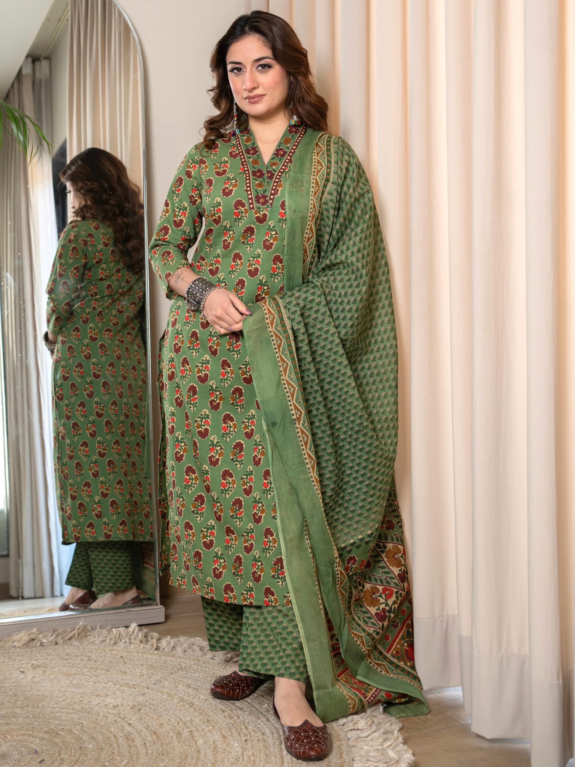 Arayna Women's Cotton Printed Kurta Set - Green - Image 2