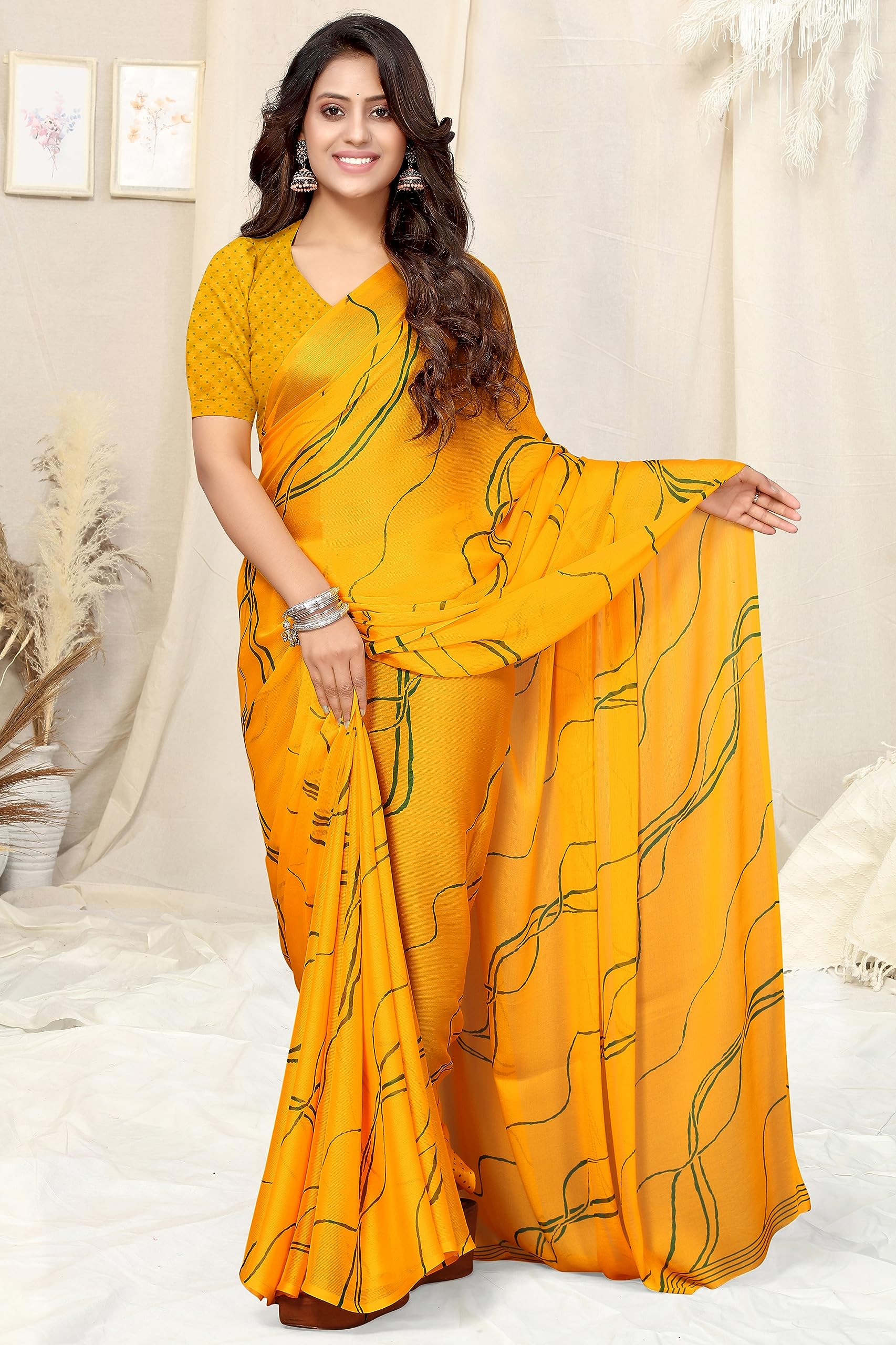 MIRCHI FASHION Yellow Green Chiffon Saree - Image 4