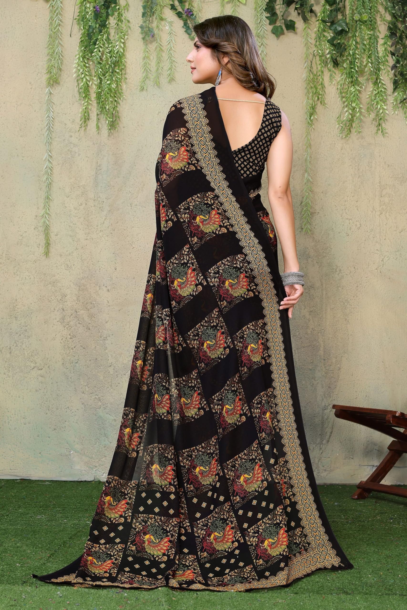 Yashika Women's Printed Georgette Saree - Black - Image 5