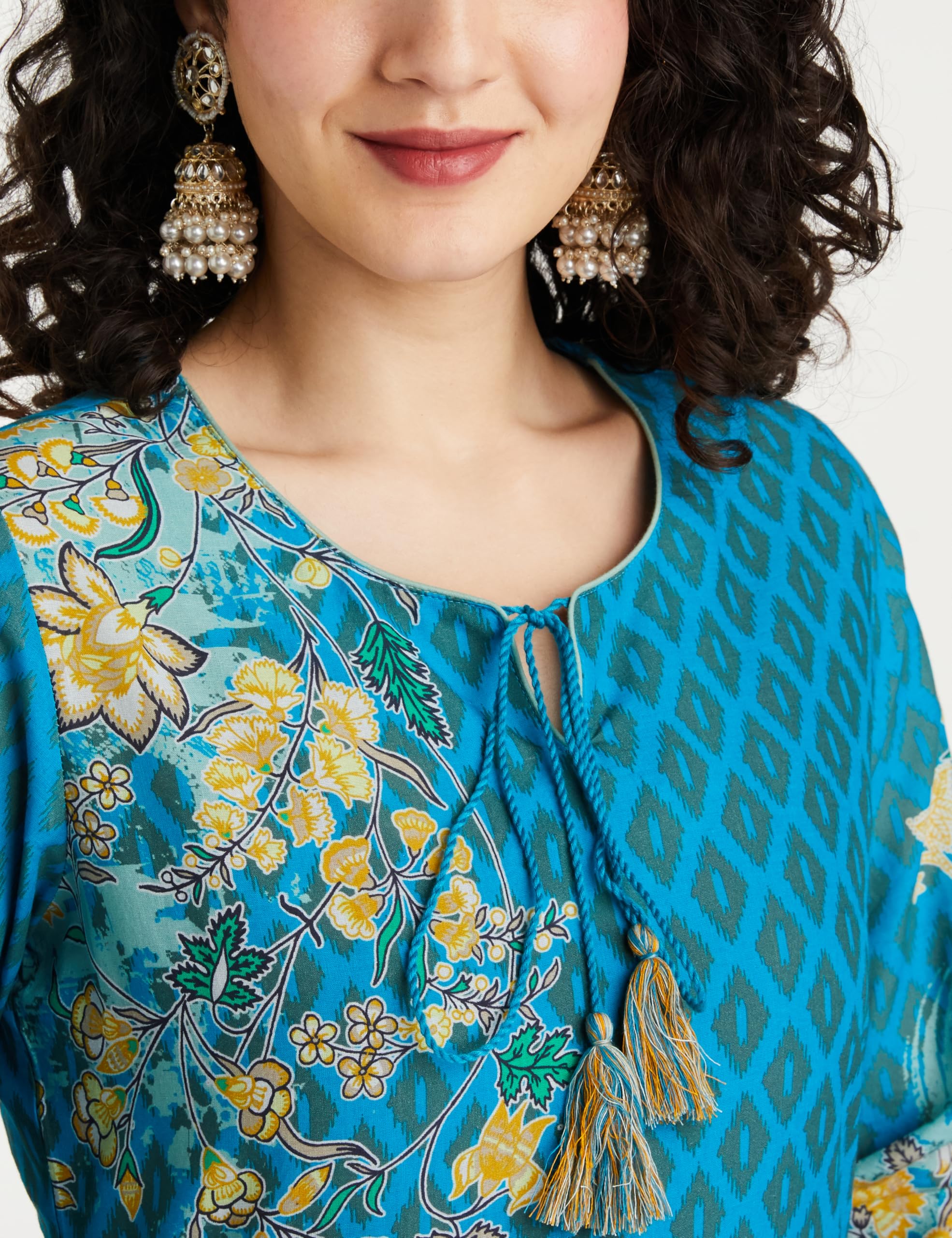 BIBA Women Cotton Printed Salwar Kurta Dupatta - Turquoise - Image 4