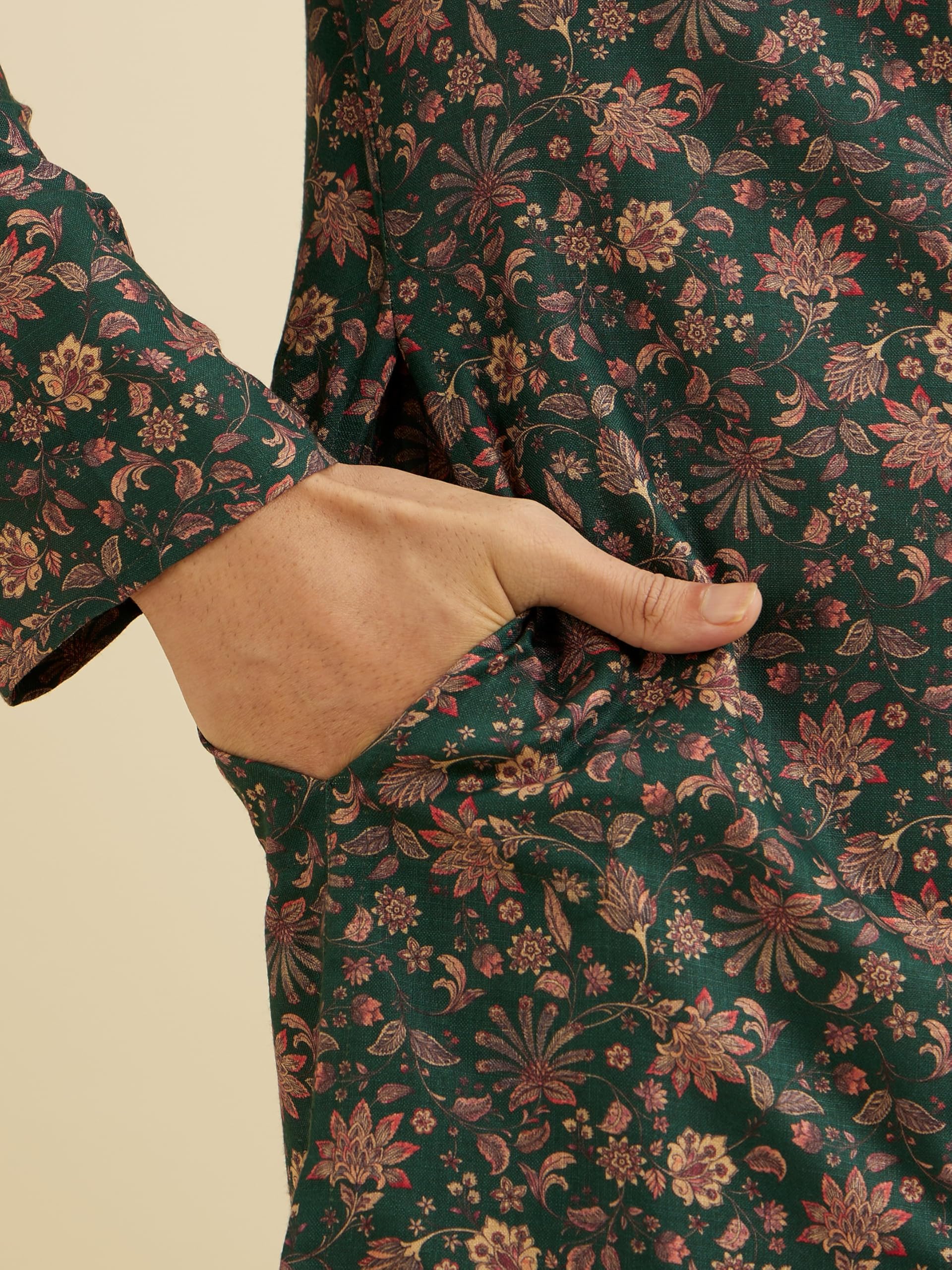 Manyavar Men's Digital Print Kurta Set - Dark Green - Image 4