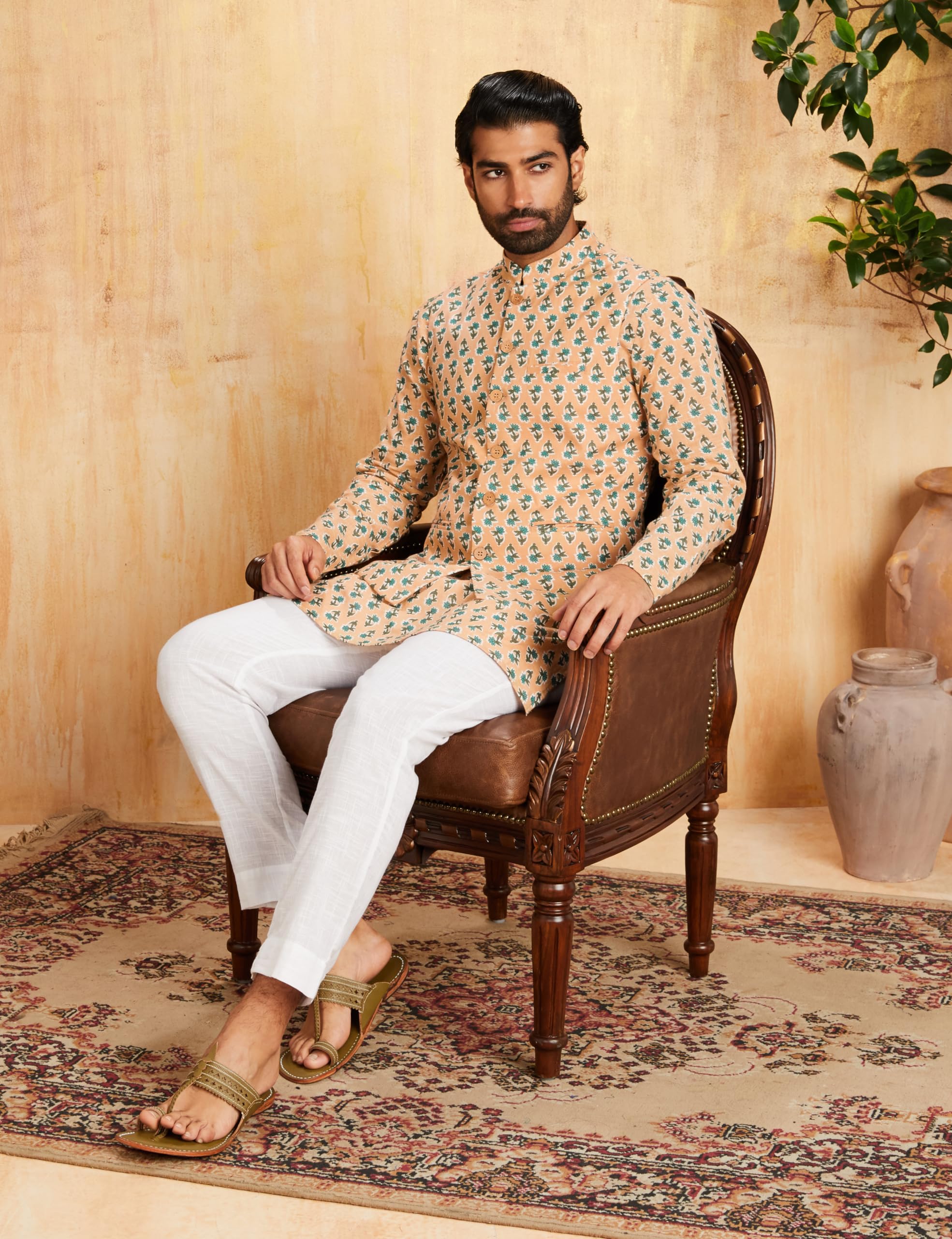 Amazon Men Kurta Bundi Pant Set Beige - Image 3