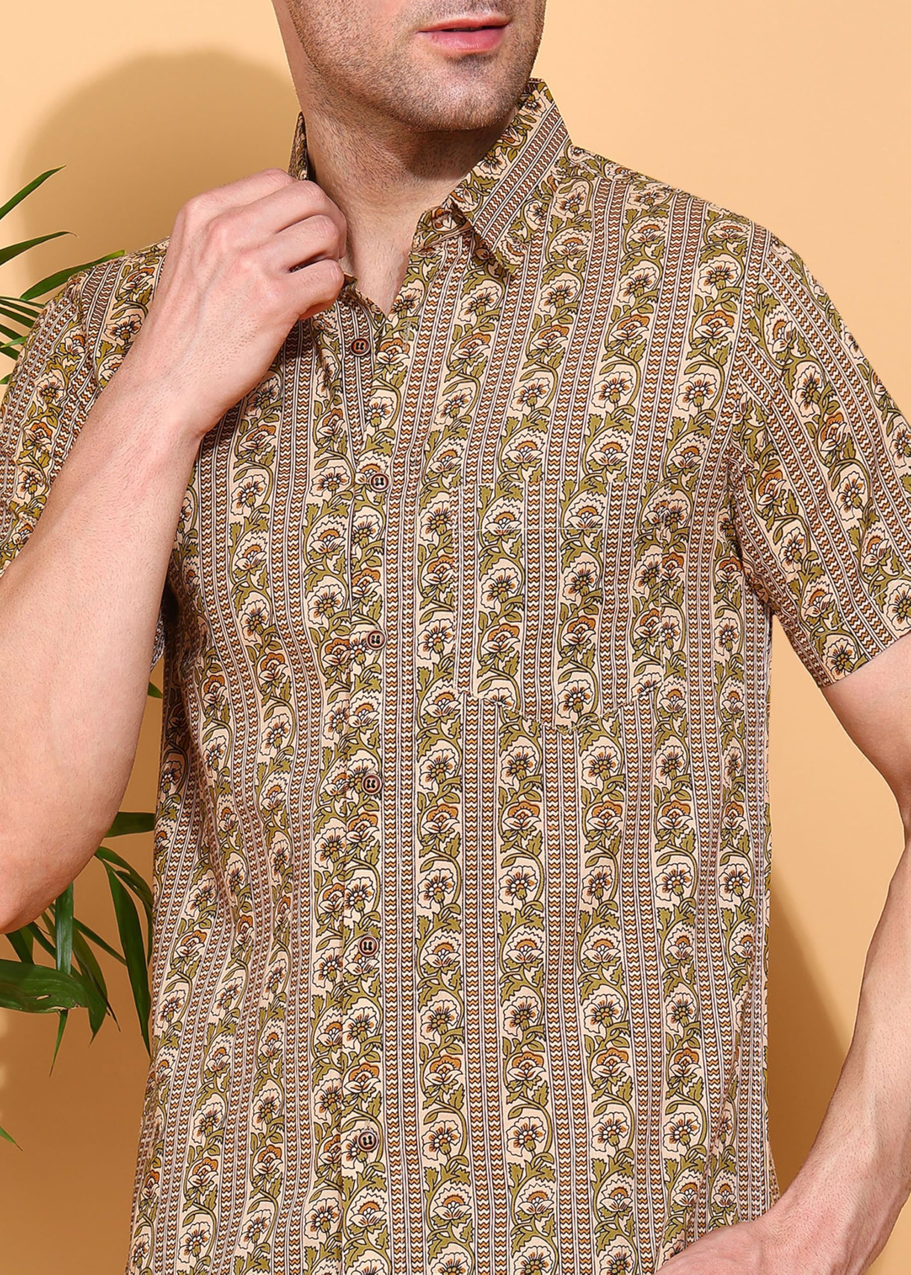 Yash Gallery Men's Green Cotton Floral Print Shirt - Image 3