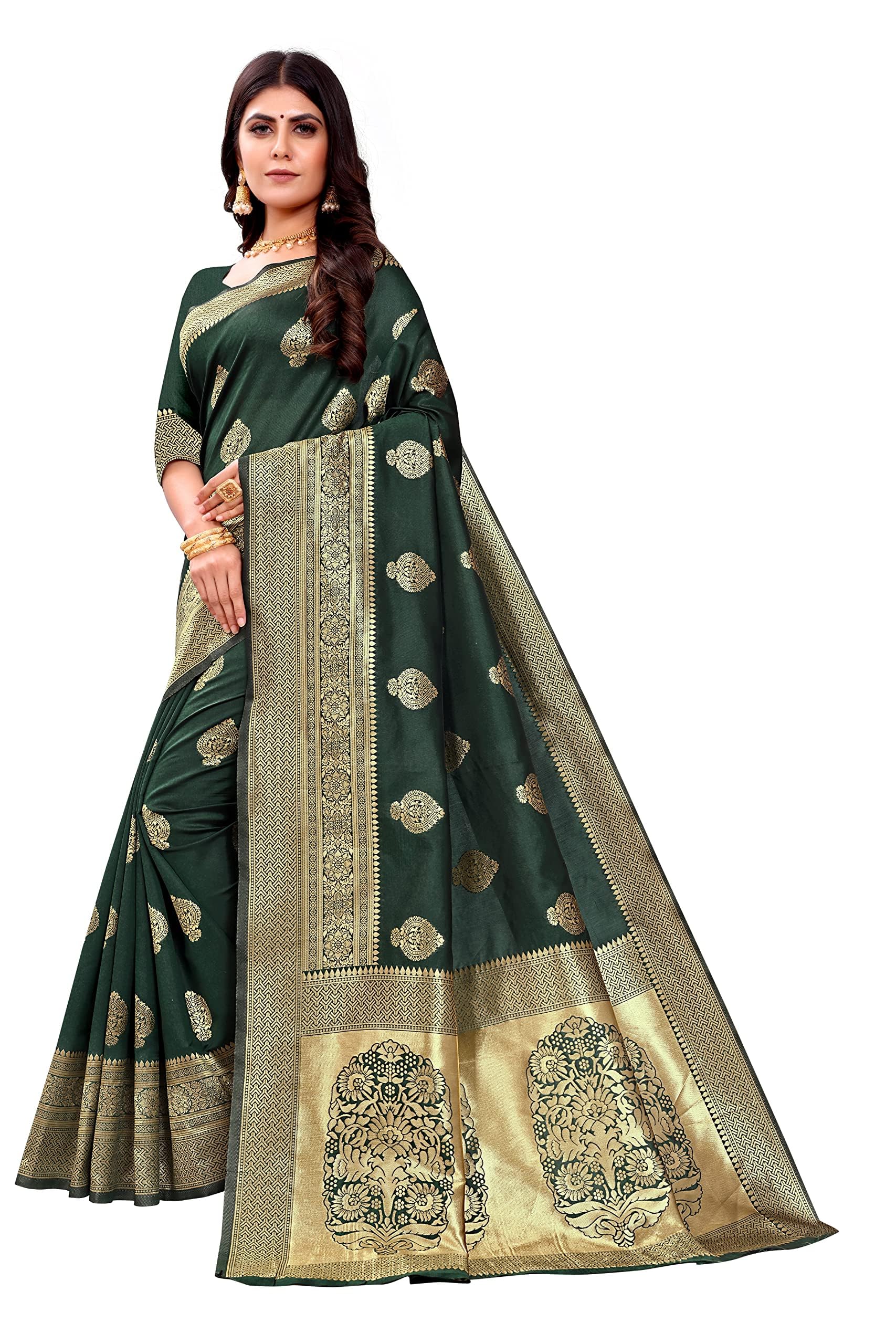Kanjivaram Silk Saree for Women - Dark Green - Image 4