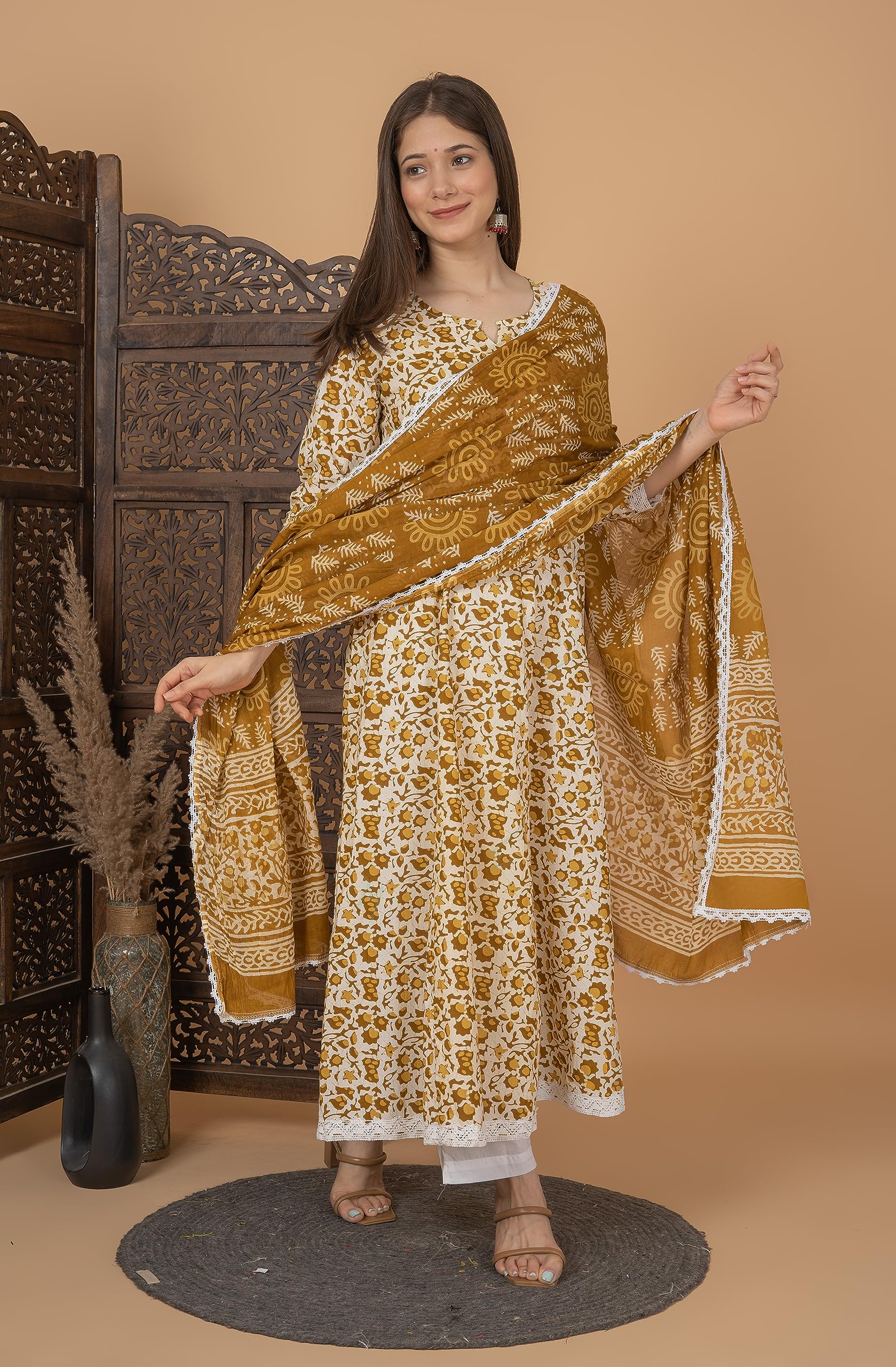 MEERA FAB Brown Cotton Printed Anarkali Kurta for Women - Image 4