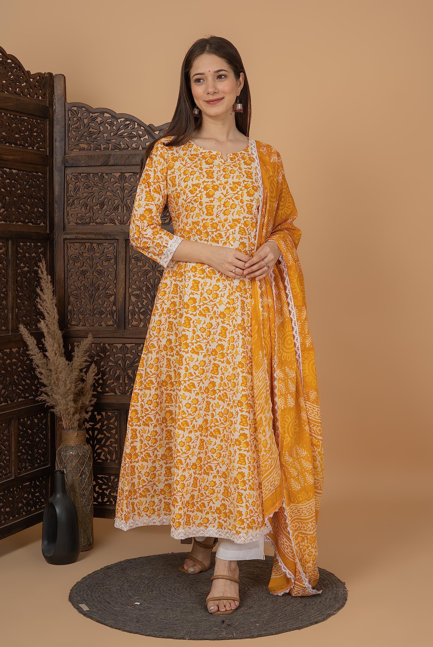 Yellow Cotton Anarkali Kurta Set for Women - Image 4
