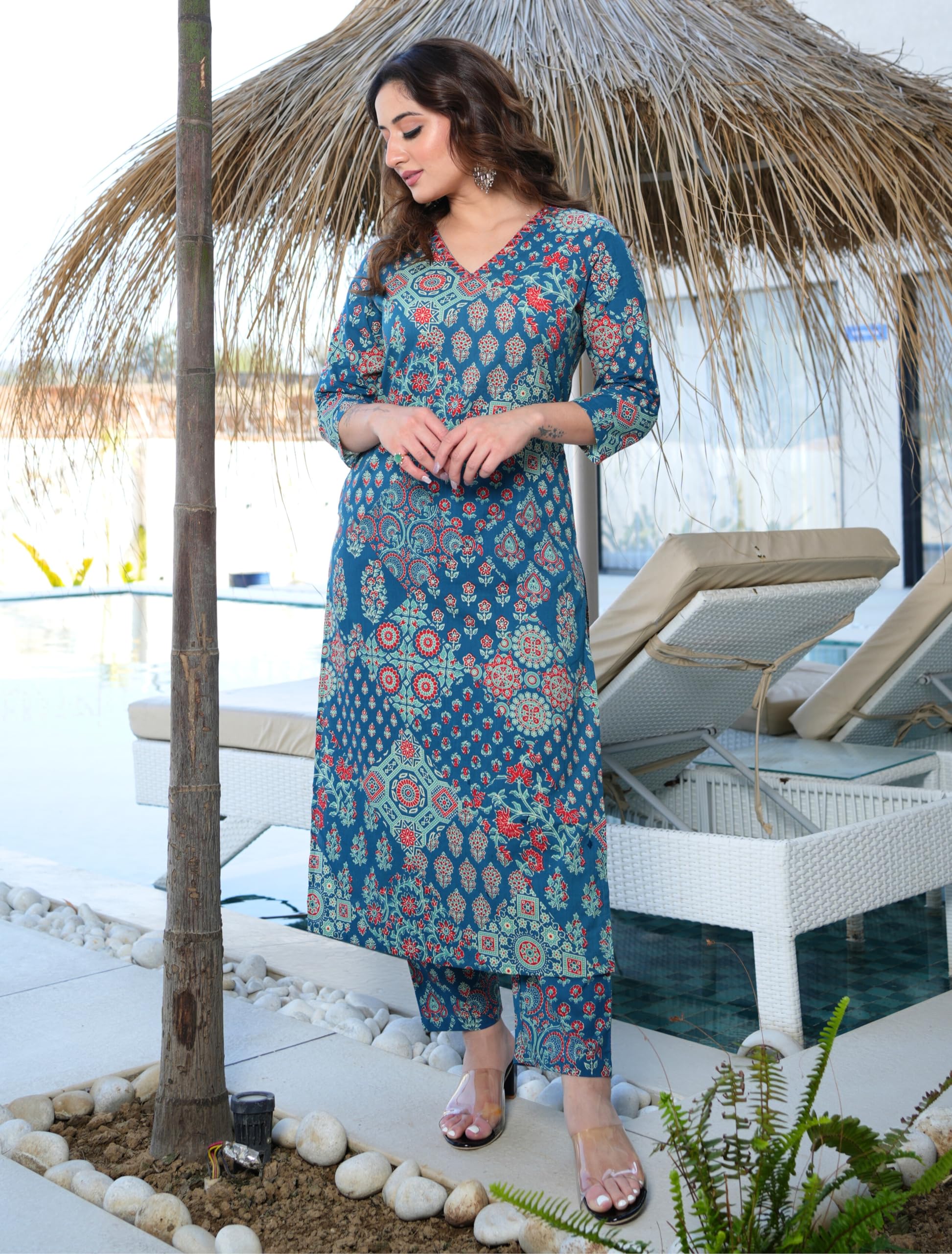 Arayna Teal Blue Cotton Kurta Set for Women - Image 2