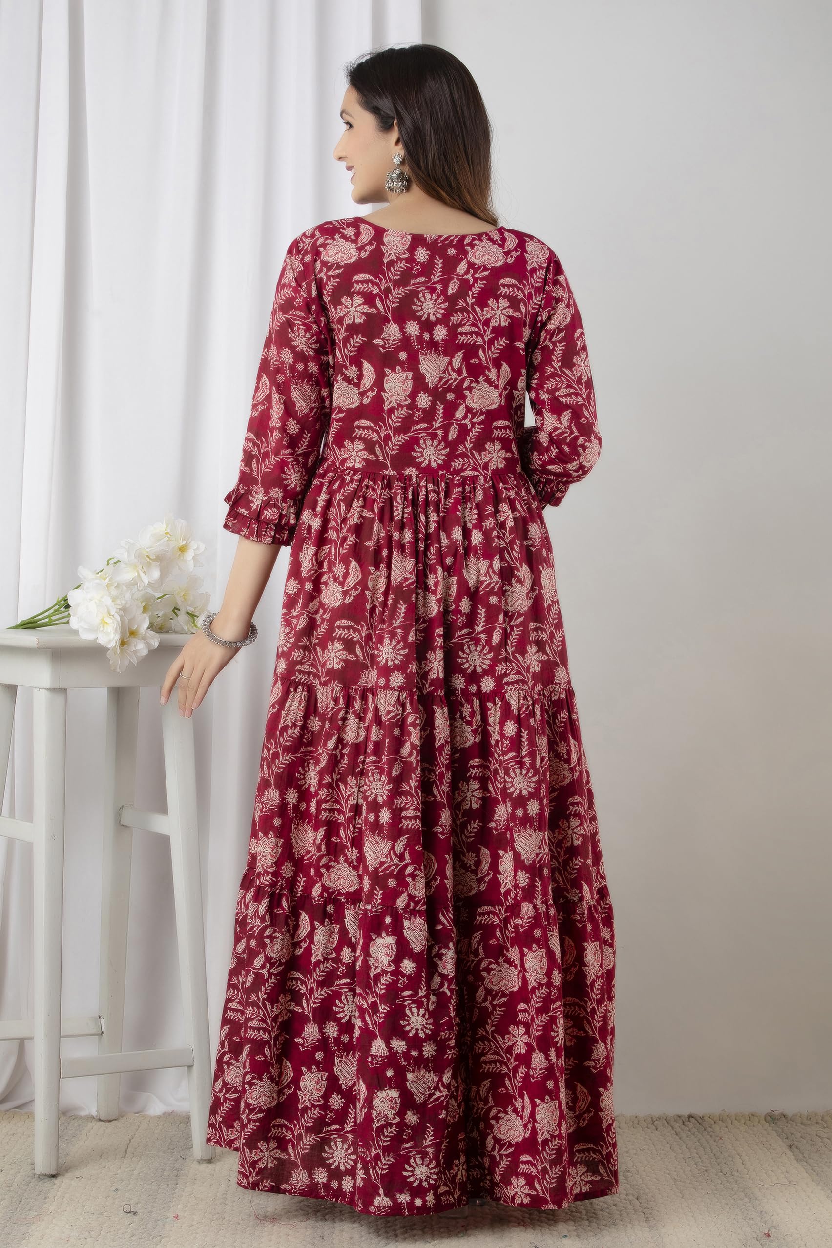 Maroon Cotton Maternity Maxi Dress for Nursing - Image 2