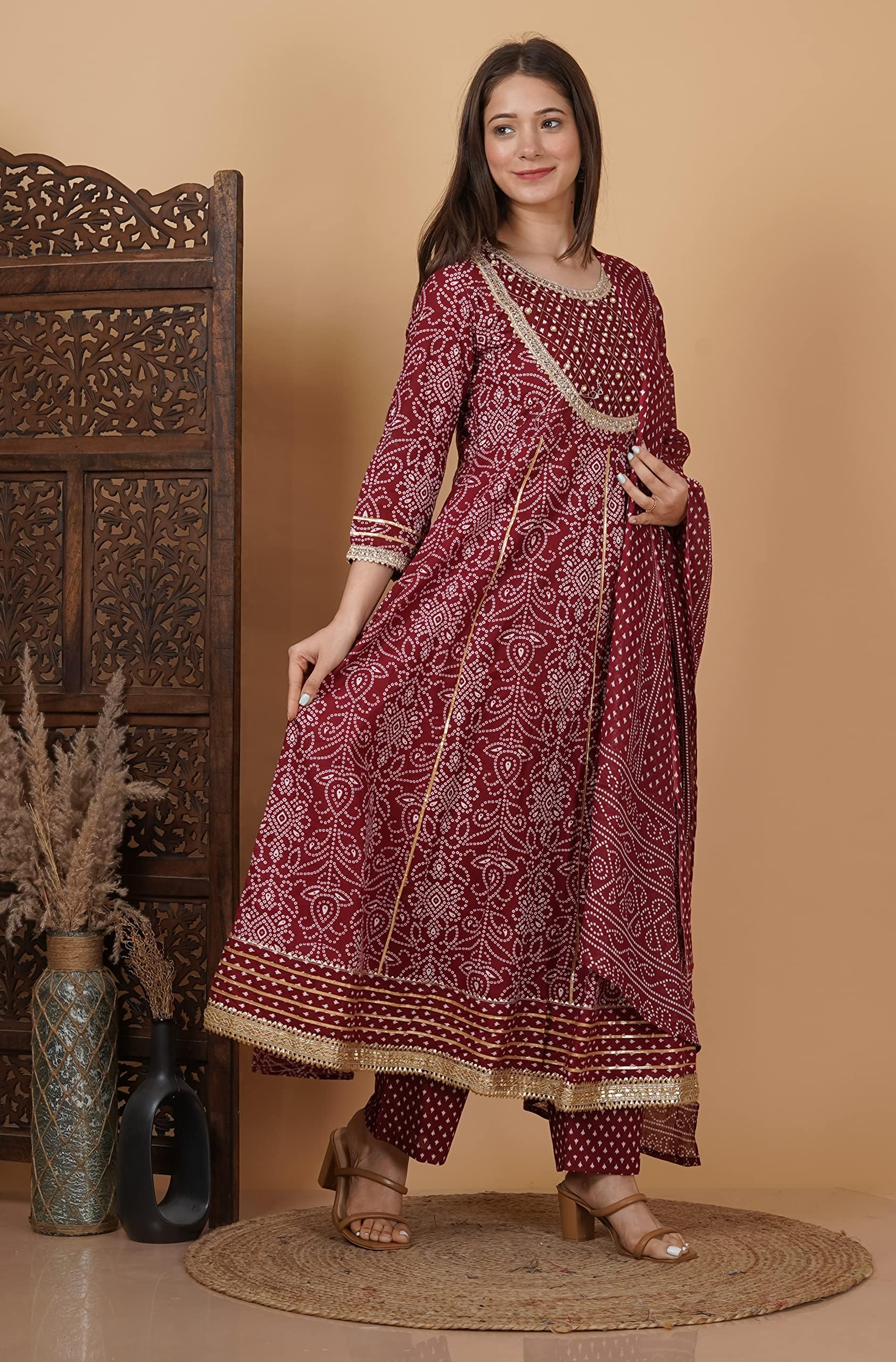MEERA FAB Women's Cotton Printed Anarkali Kurta - Maroon - Image 5