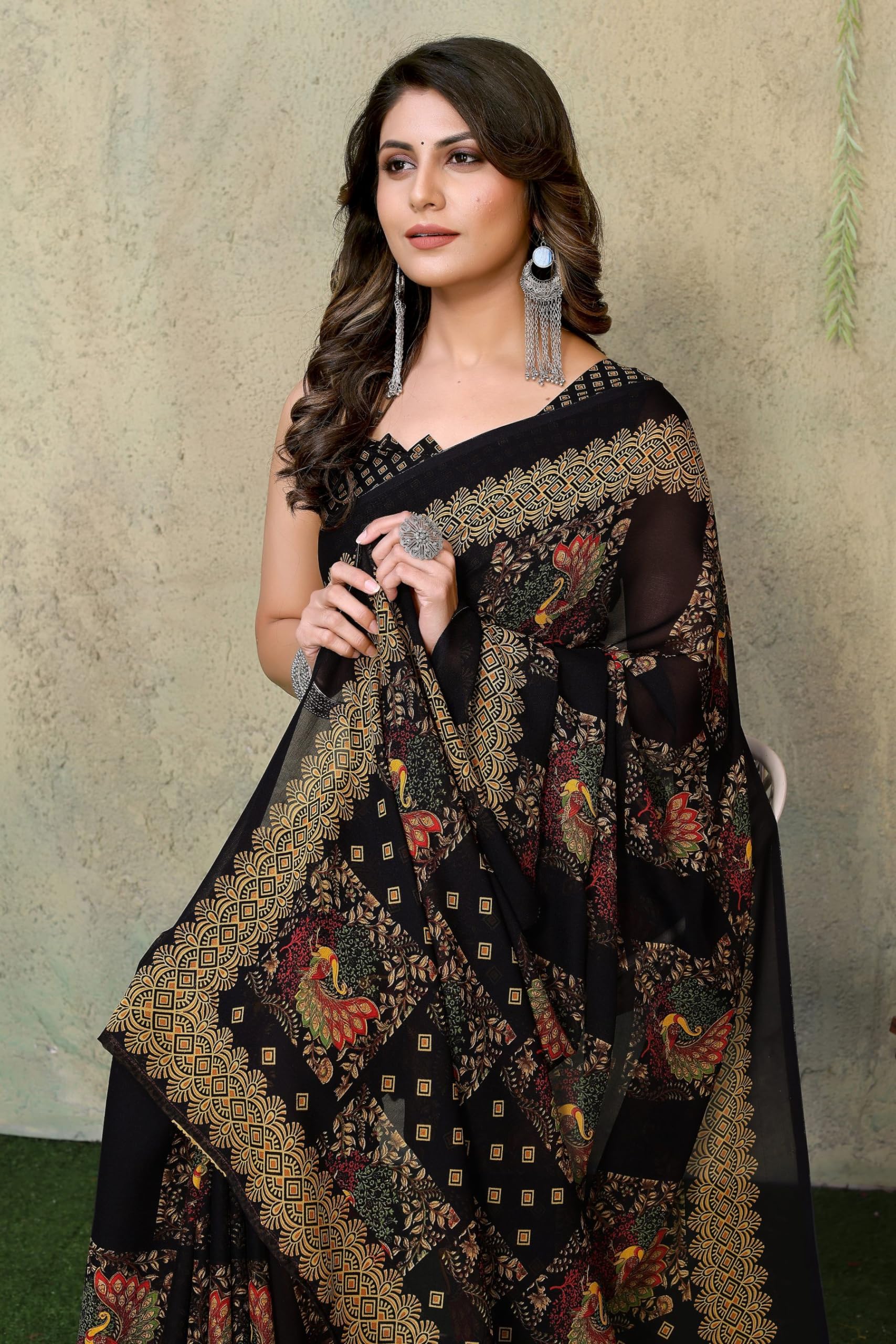Yashika Women's Printed Georgette Saree - Black - Image 3