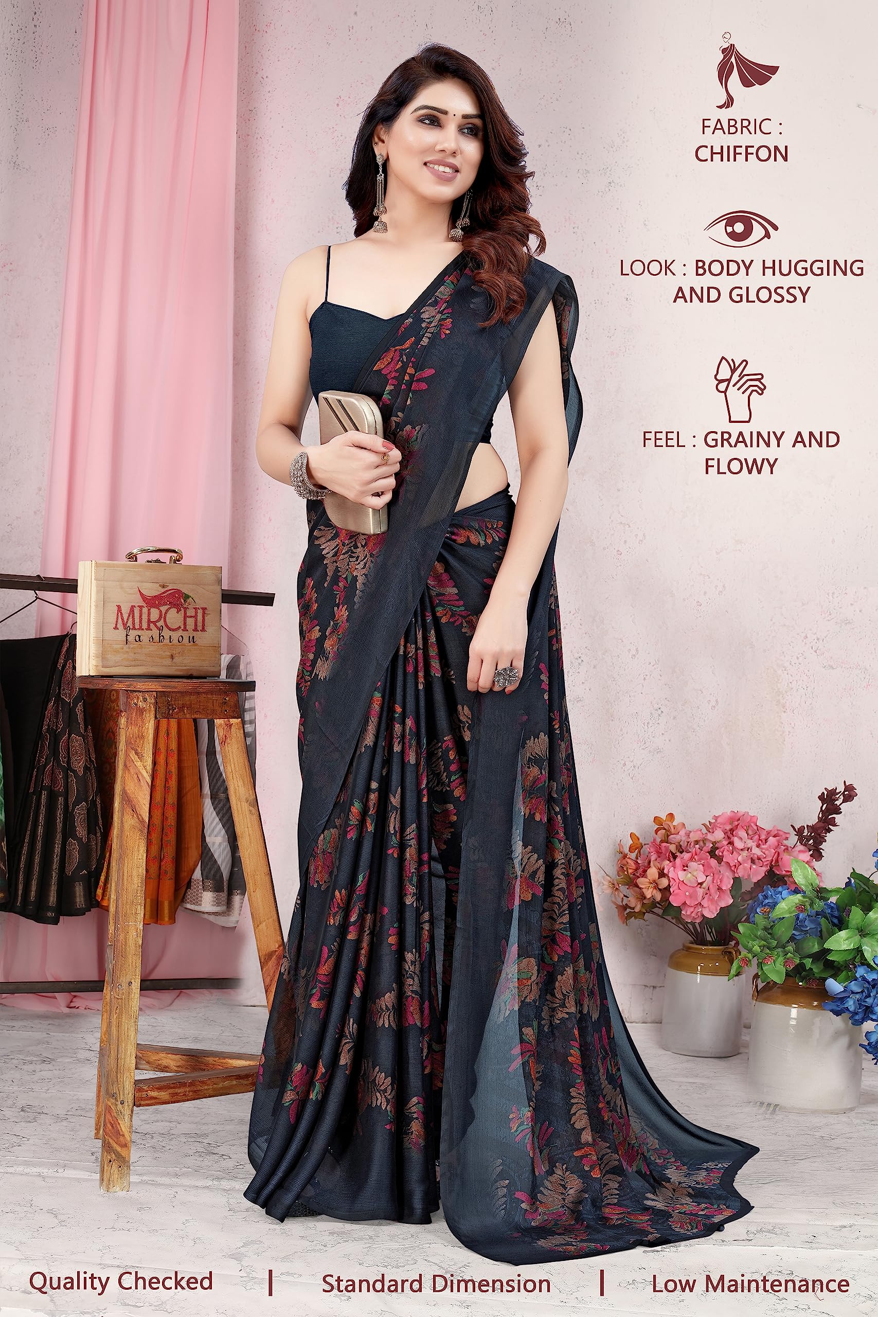 MIRCHI FASHION Leaf Printed Chiffon Saree for Women - Black - Image 2