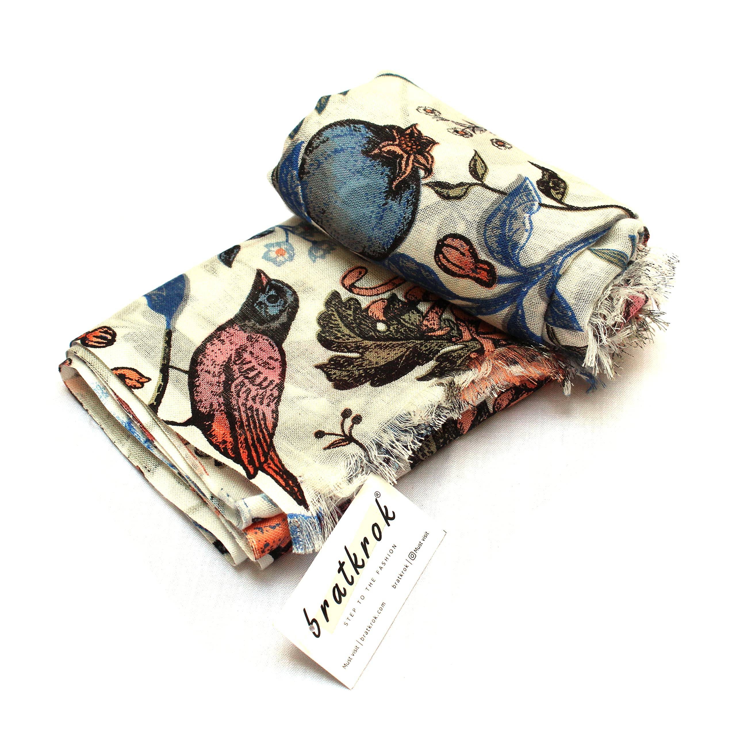 bratkrok Women's Floral Printed Rayon Scarf - White - Image 5