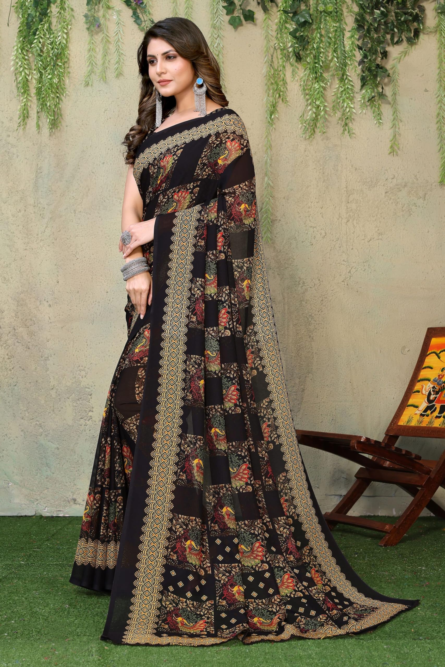 Yashika Women's Printed Georgette Saree - Black - Image 4