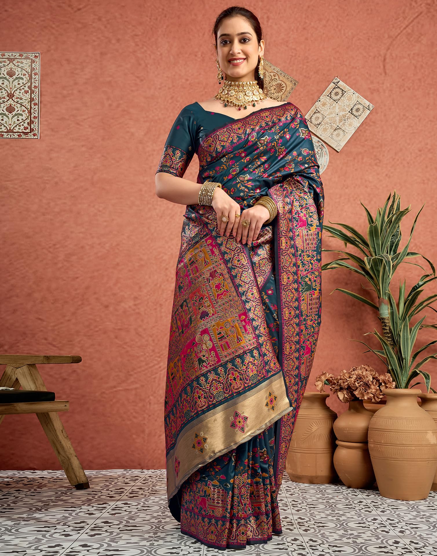 SIRIL Women's Silk Kashmiri Minakari Jacquard Saree - Rama Blue - Image 3